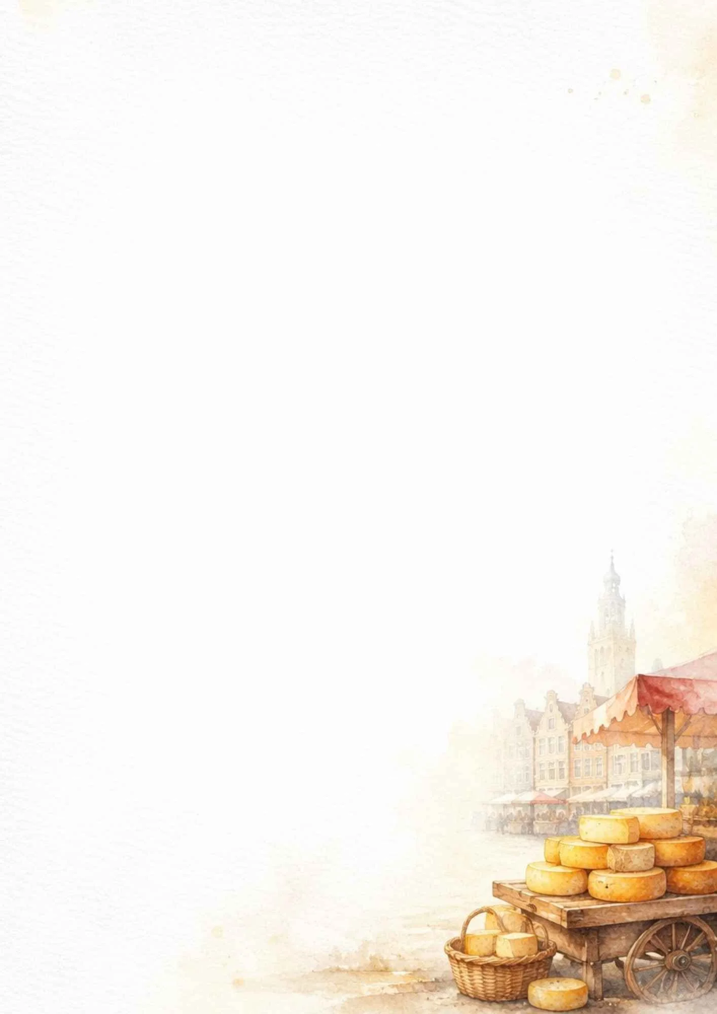 Watercolor painting of stacked wheels of Gouda cheese on a wooden cart at a traditional Dutch market with historic buildings behind.