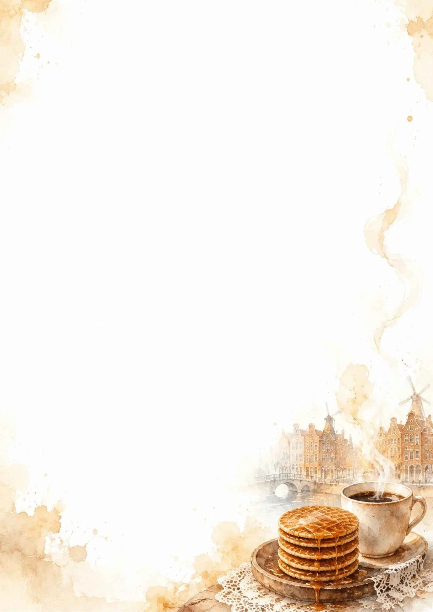 Watercolor illustration of a stack of sweet stroopwafels on a plate with coffee splashes and a cup of coffee near a canal city view.