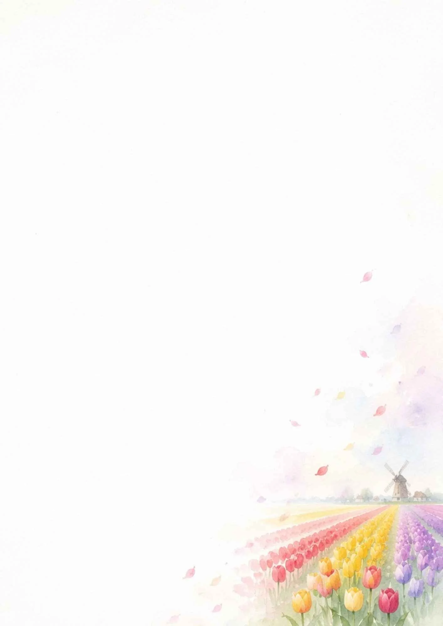 Watercolor illustration of rows of yellow, red, and purple tulips leading towards a traditional windmill with petals blowing in the wind.