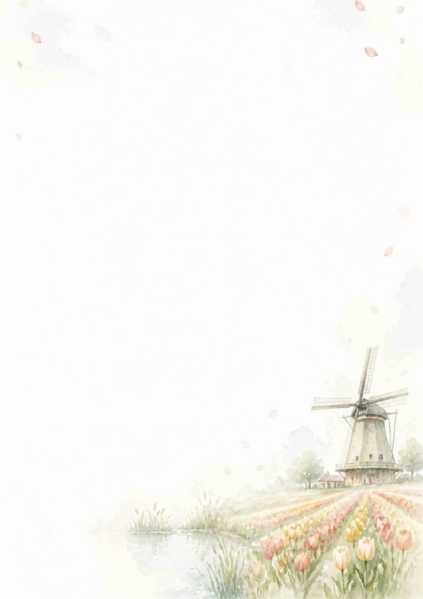 Watercolor scene of a traditional windmill next to a pond and a field of pink and yellow tulips under a soft sky.