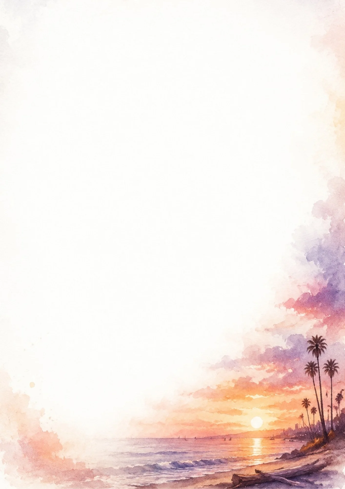Watercolor digital paper showing a vibrant sunset over English Bay beach, with palm trees silhouetted against orange, pink, and purple clouds, and logs scattered on the sandy shore.