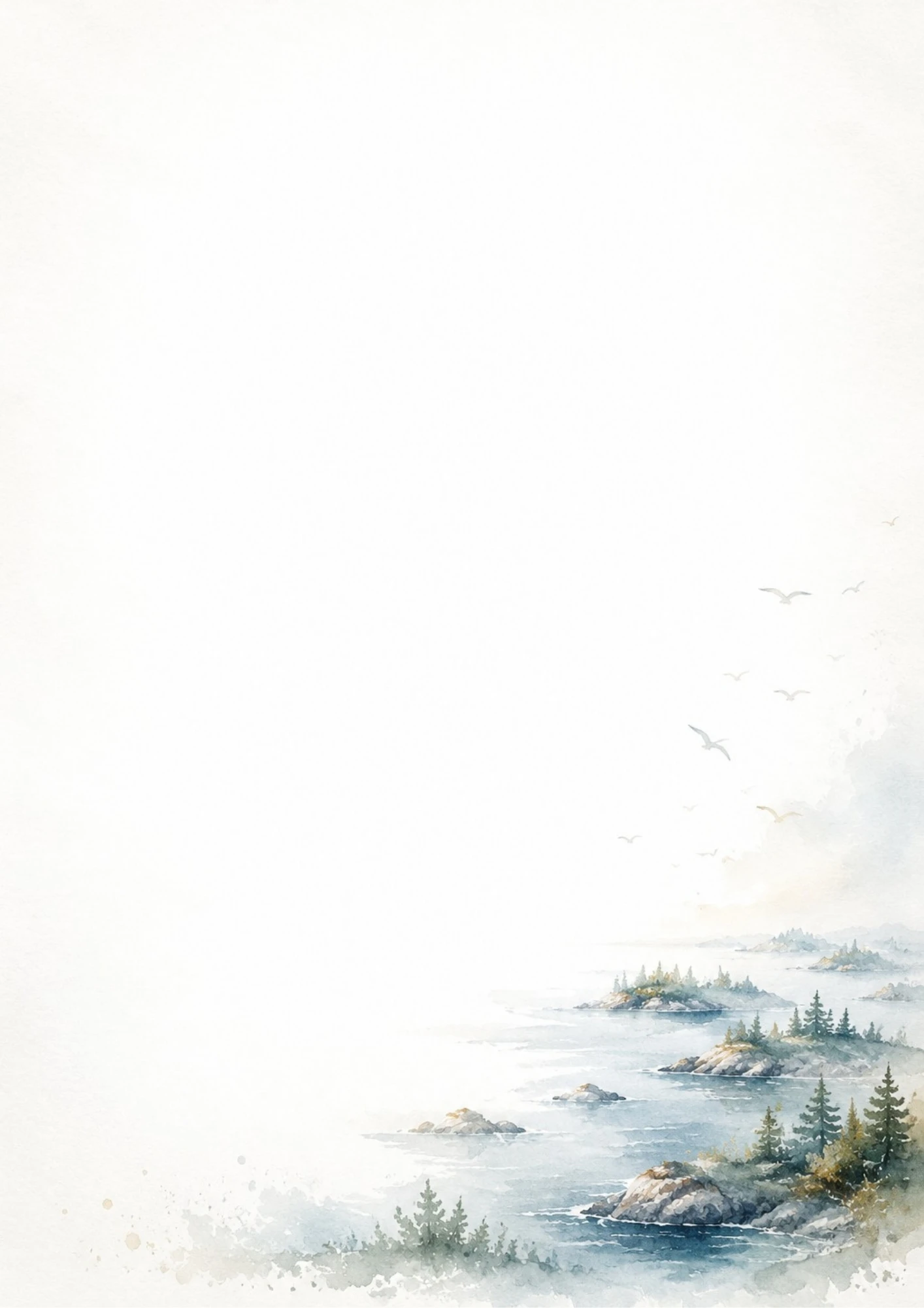 Watercolor painting of the Finnish archipelago with small rocky islands covered in pine trees in a calm blue sea under flying seagulls.
