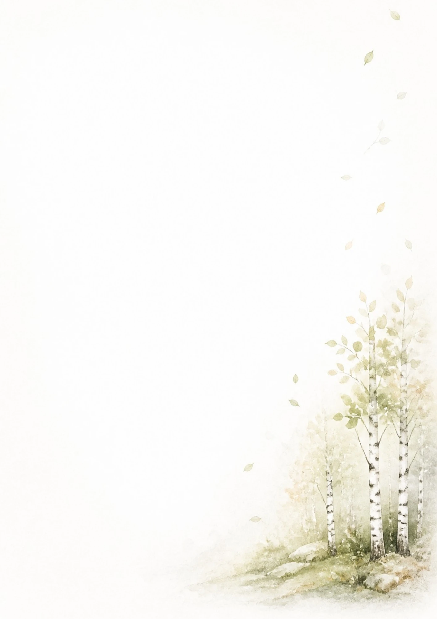 Watercolor drawing of slender white birch trees with delicate light green leaves in a quiet clearing with leaves blowing in the wind.