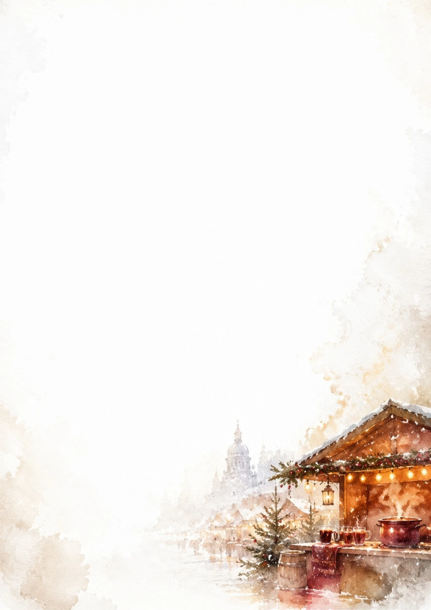 Watercolor illustration of a cosy wooden stall at the Helsinki Christmas Market, serving steaming hot glögi wine with the cathedral dome in the background.