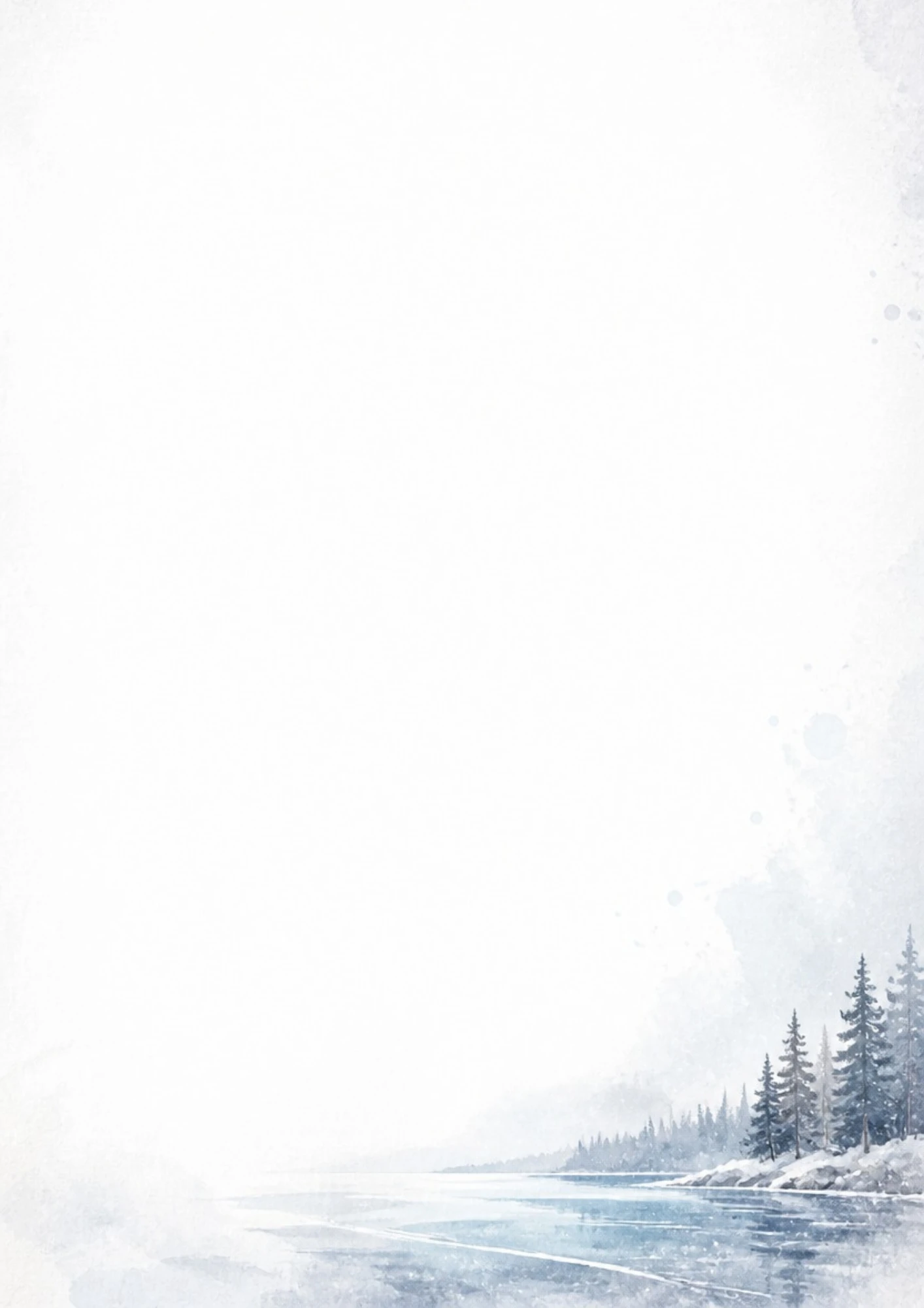 Watercolor painting of a partially frozen lake with ice cracks and snowy pine trees along the rocky shore.