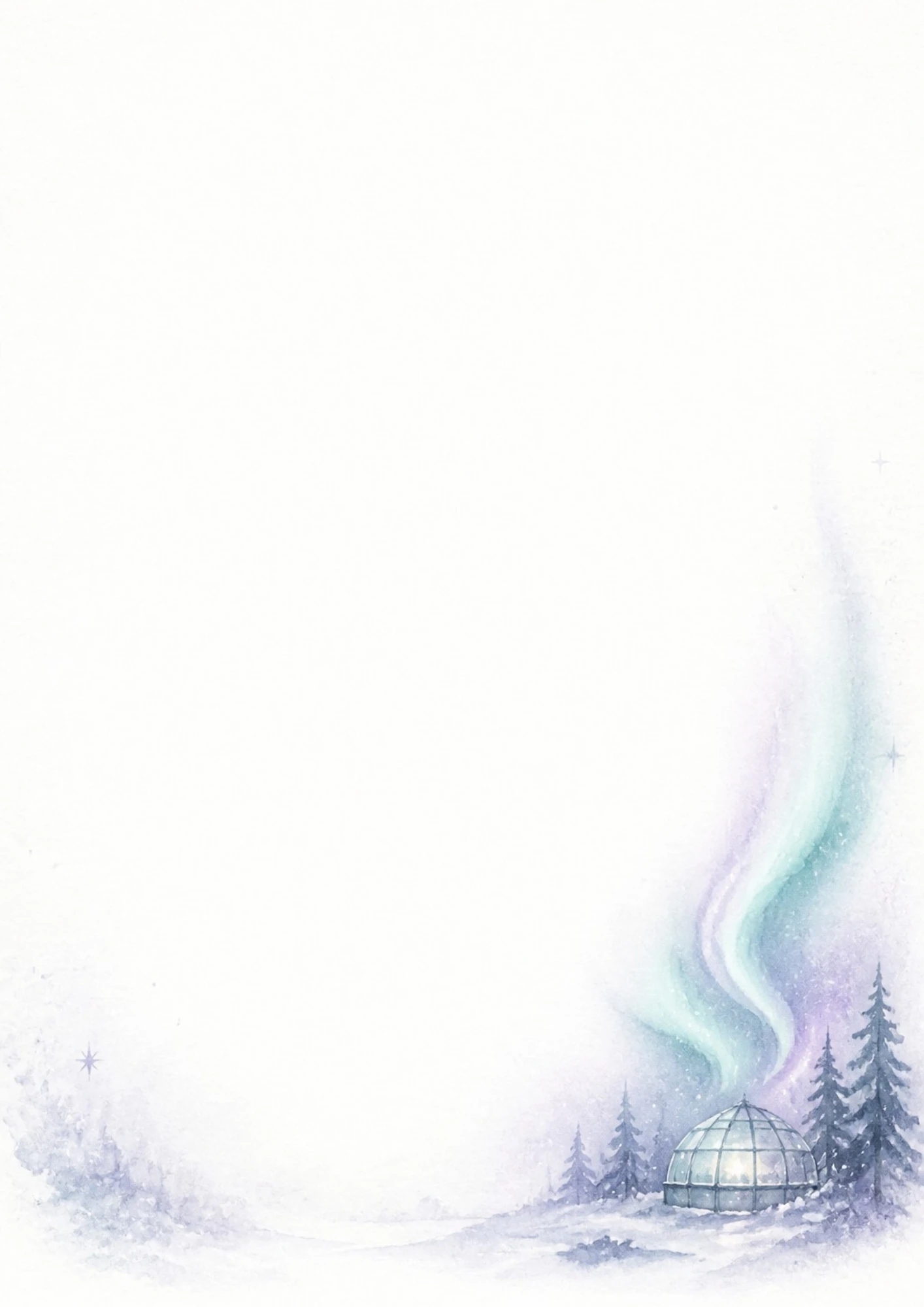 Watercolor illustration of a glowing glass igloo under a green and purple aurora borealis in a snowy Lapland forest.