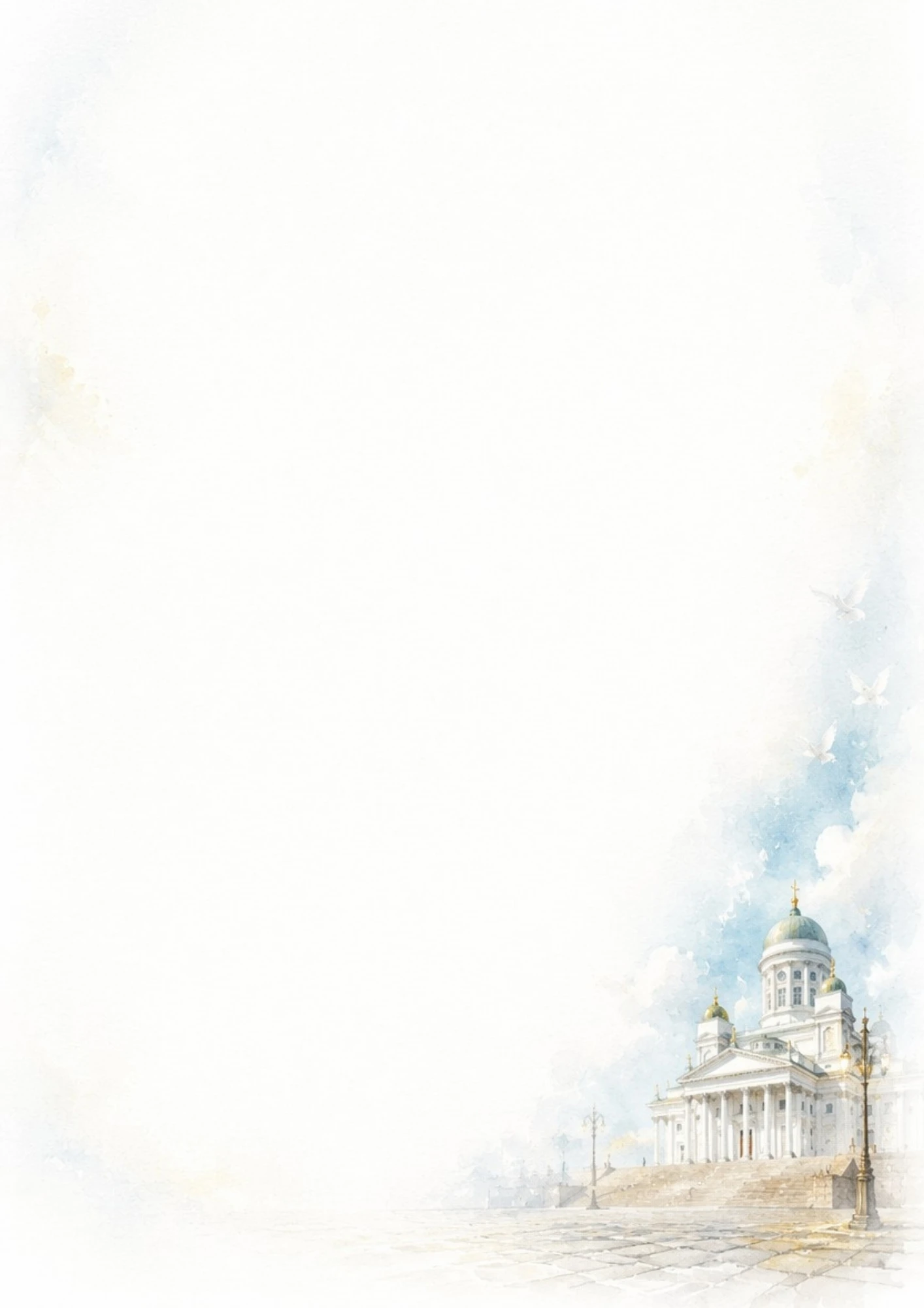 Watercolor painting of the historic Helsinki Cathedral with its green domes and white pillars above the Senate Square under a soft blue sky.