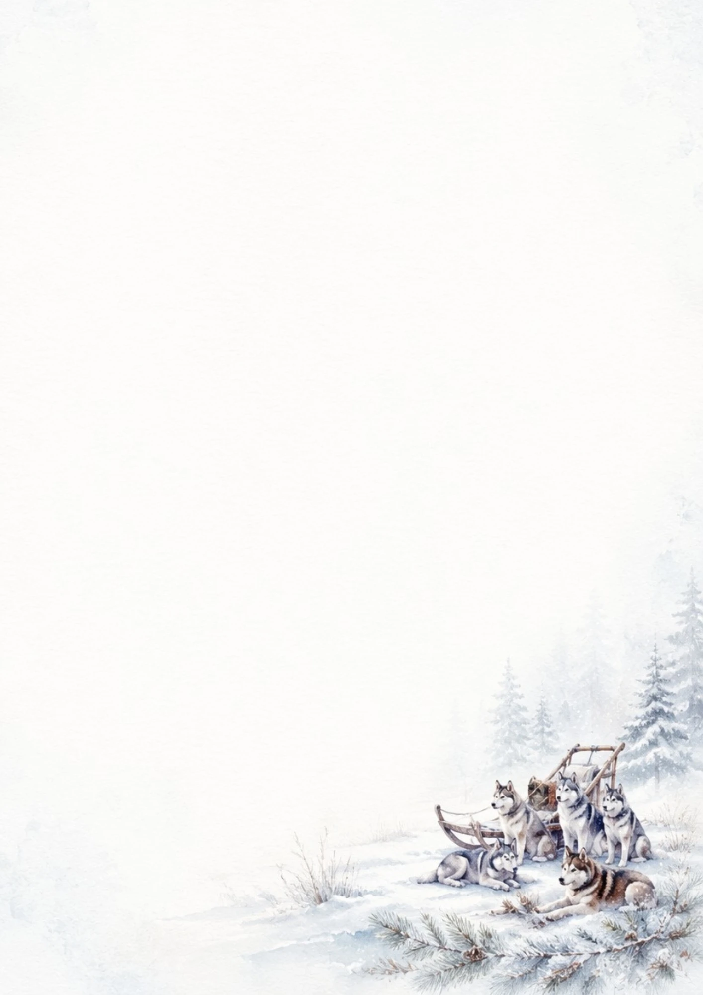 Watercolor illustration of five Siberian huskies resting in the snow next to a traditional wooden dog sled in Lapland.