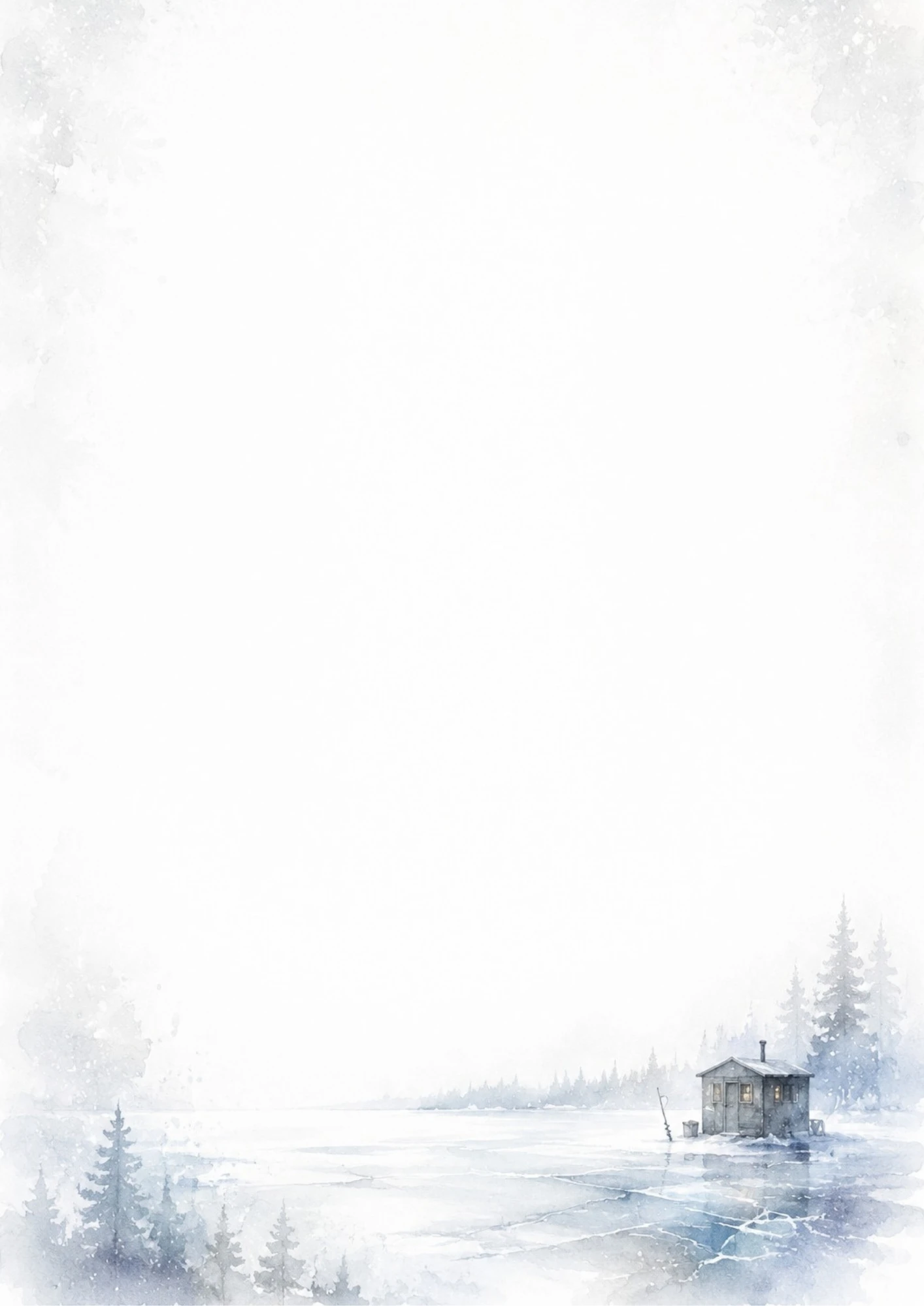 Watercolor painting of a wooden ice fishing shack on a vast frozen lake with cracks, an ice auger, and pine trees in the distance.