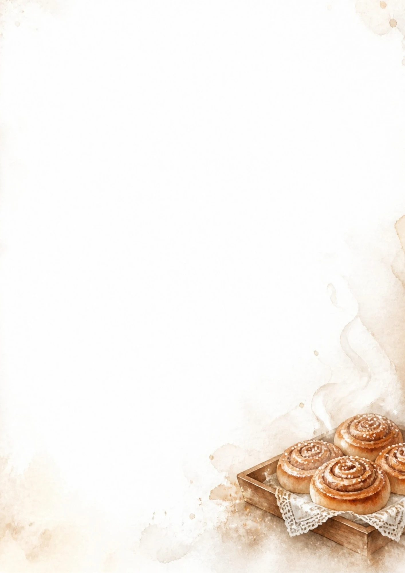 Watercolor drawing of traditional Finnish cinnamon rolls, korvapuusti, on a lace napkin in a wooden tray with pearl sugar on top.