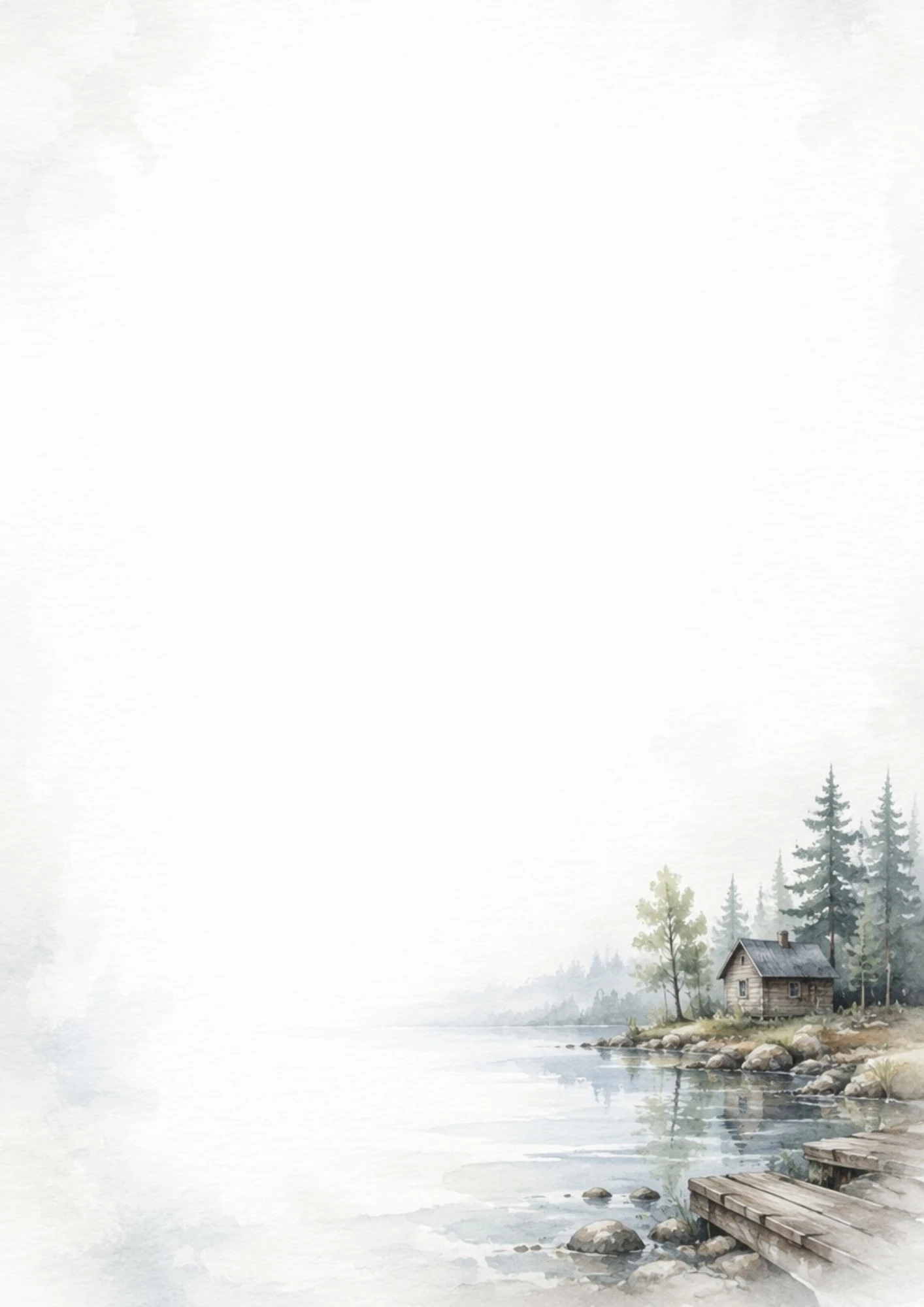 Watercolor painting of a rustic wooden cottage by the lake shore with a wooden dock and evergreen trees.