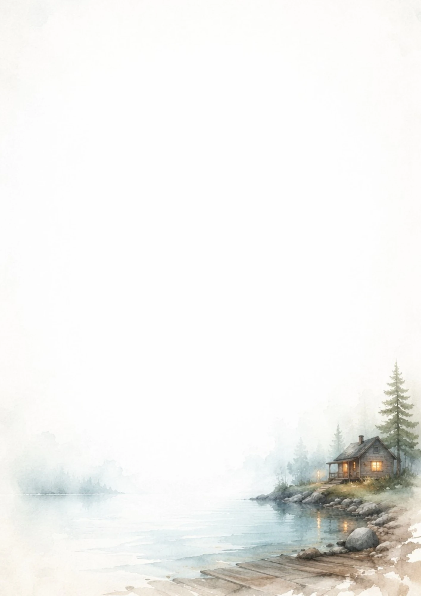 Watercolor illustration of a cosy wooden cabin by the lake at dusk, with warm glowing yellow lights in the windows and a wooden path in the foreground.