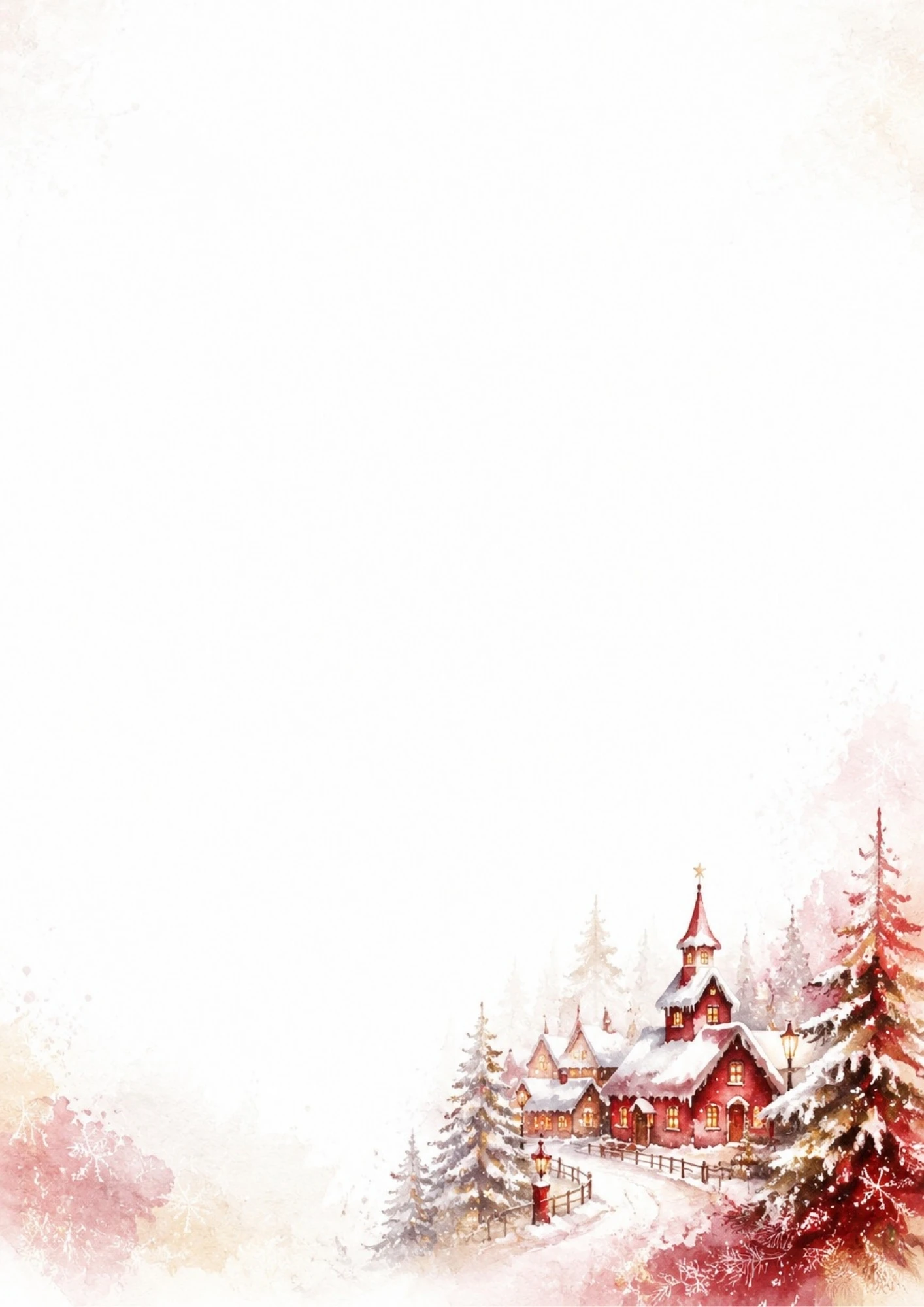 Watercolor illustration of a cosy winter village in Lapland featuring a red church with glowing windows and snow-covered pine trees.