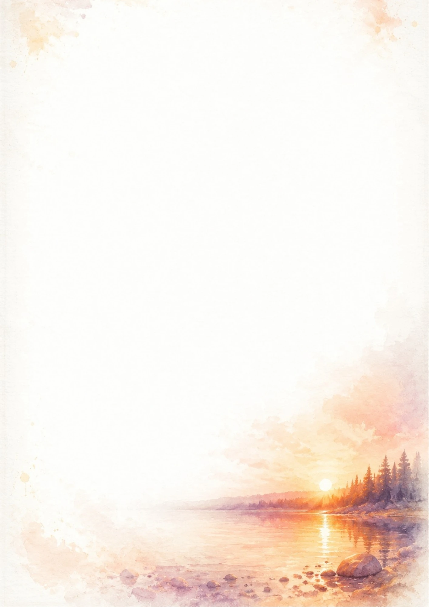 Watercolor painting of the midnight sun setting or rising over a peaceful Finnish lake, with warm orange reflections on the water and silhouette of pine trees.