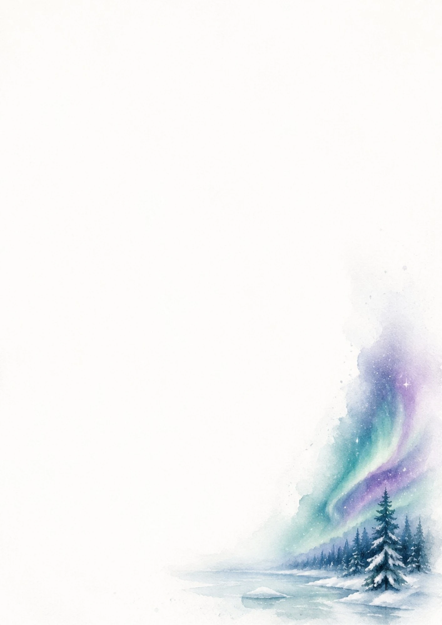 Watercolor illustration of the northern lights in purple, green, and blue over a snowy forest of pine trees and frozen lake.