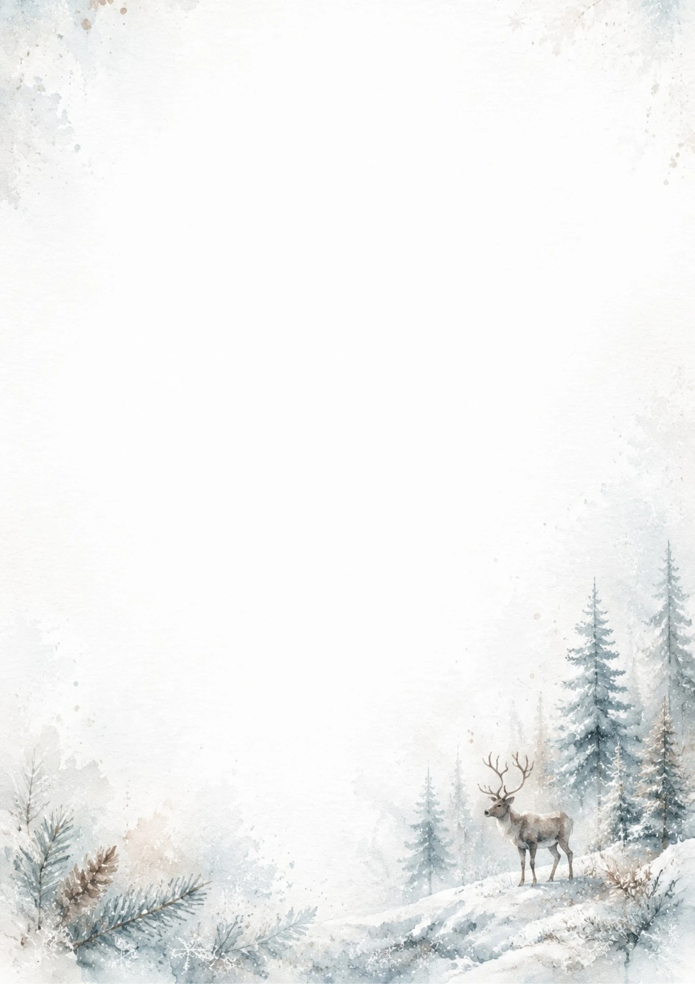 Watercolor illustration of a reindeer standing on a snowy slope surrounded by snow-covered pine trees.