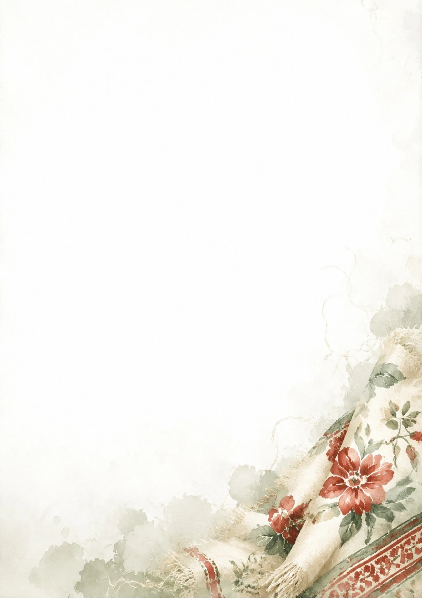 Watercolor painting of a traditional Finnish woven rug with red floral motifs, green leaves, and rustic fringed edges.