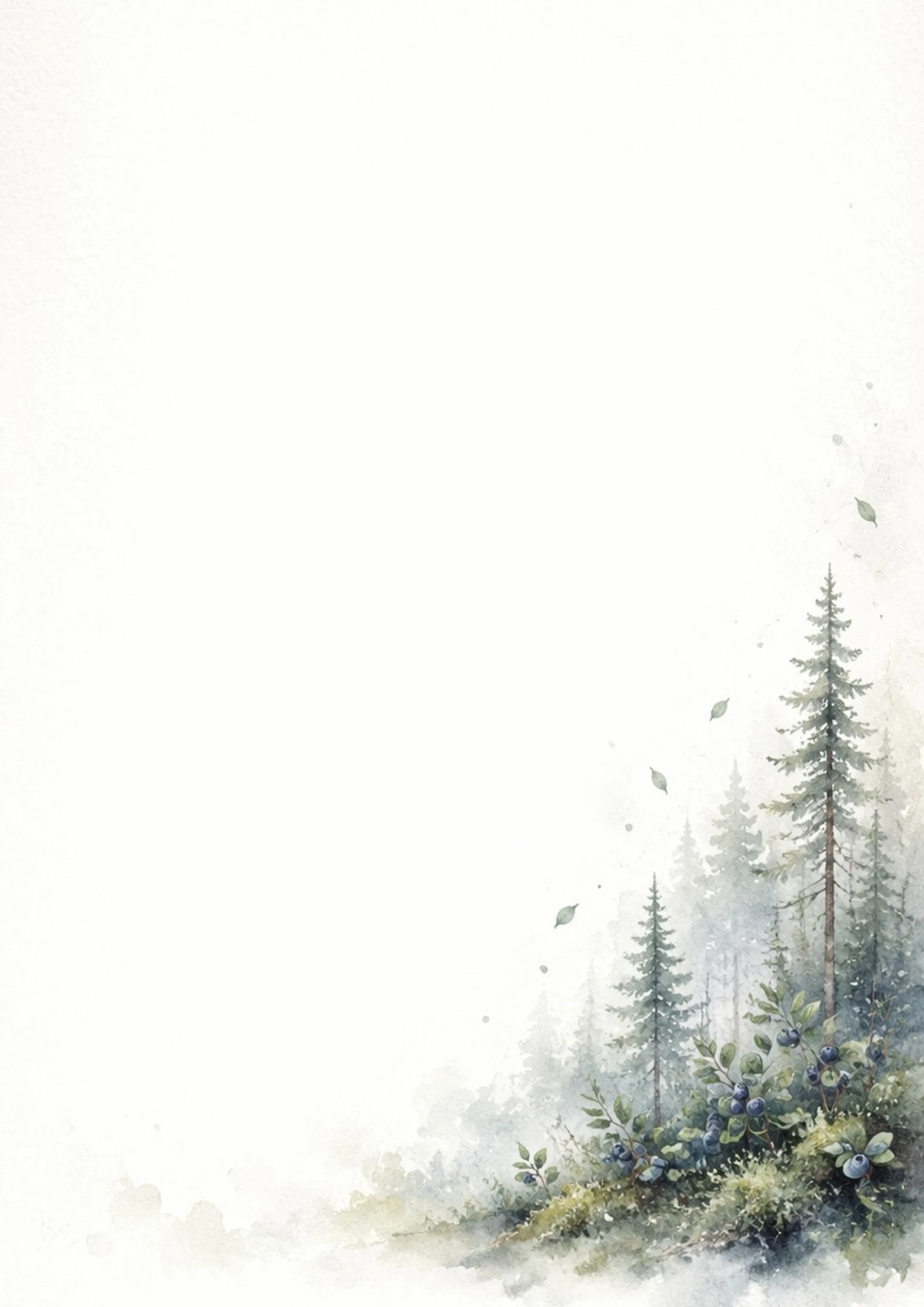 Watercolor drawing of wild blueberry bushes loaded with ripe blue berries on a mossy floor in a Finnish pine forest.