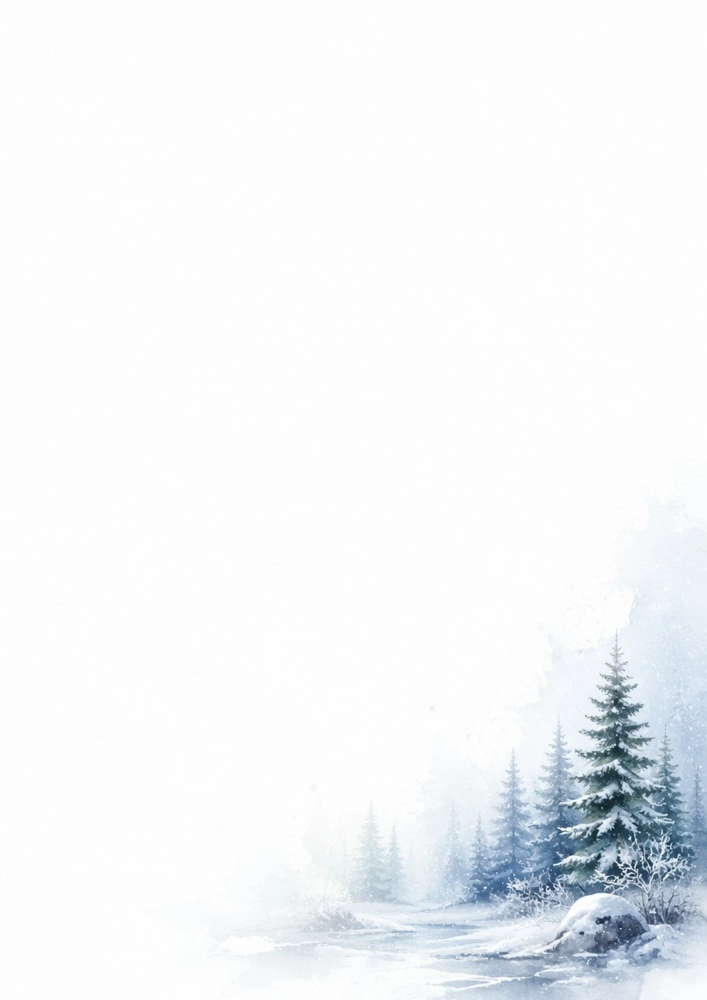 Watercolor painting of snowy pine trees in a quiet misty winter forest under a soft grey sky.