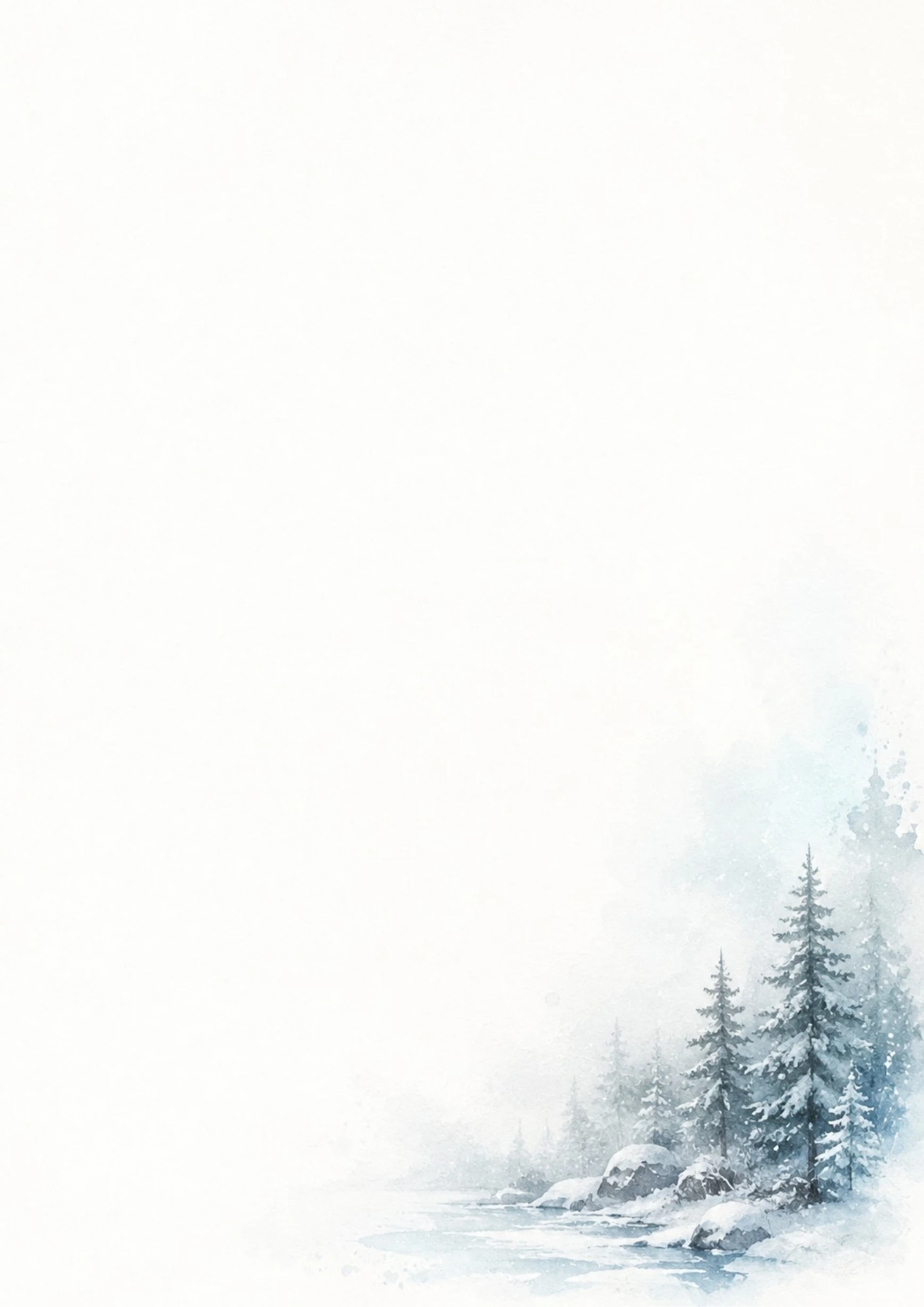 Watercolor drawing of snowy pine trees beside a frozen blue river under a light winter mist.