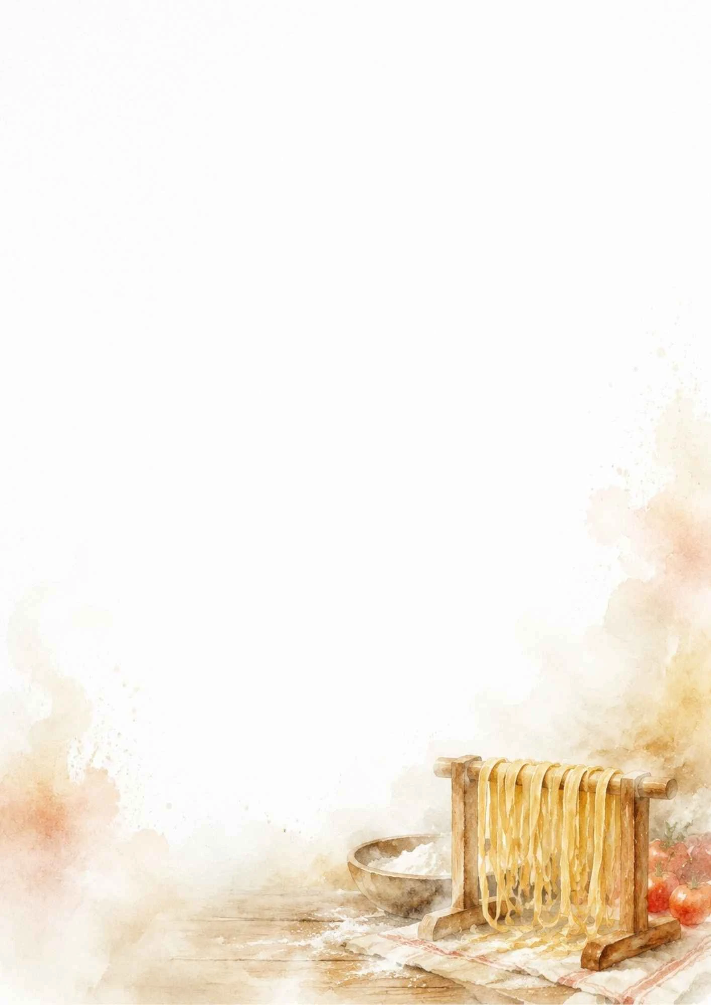 A watercolor painting of fresh pasta hanging on a wooden drying rack with tomatoes and a bowl of flour.