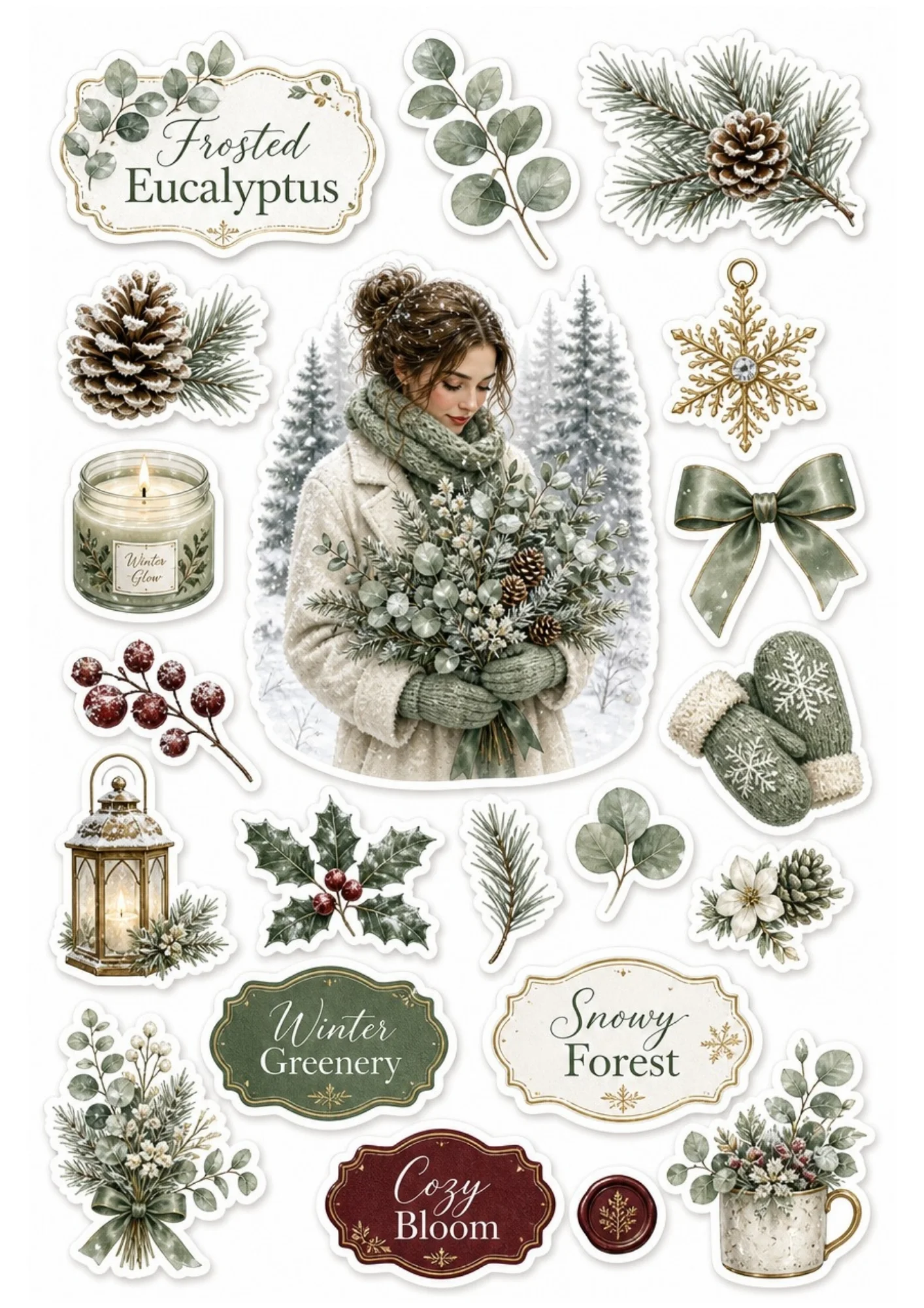 Winter sticker sheet with a girl holding frosted eucalyptus, a candle labeled Winter Glow, sage green mittens, a green bow, and pine cones