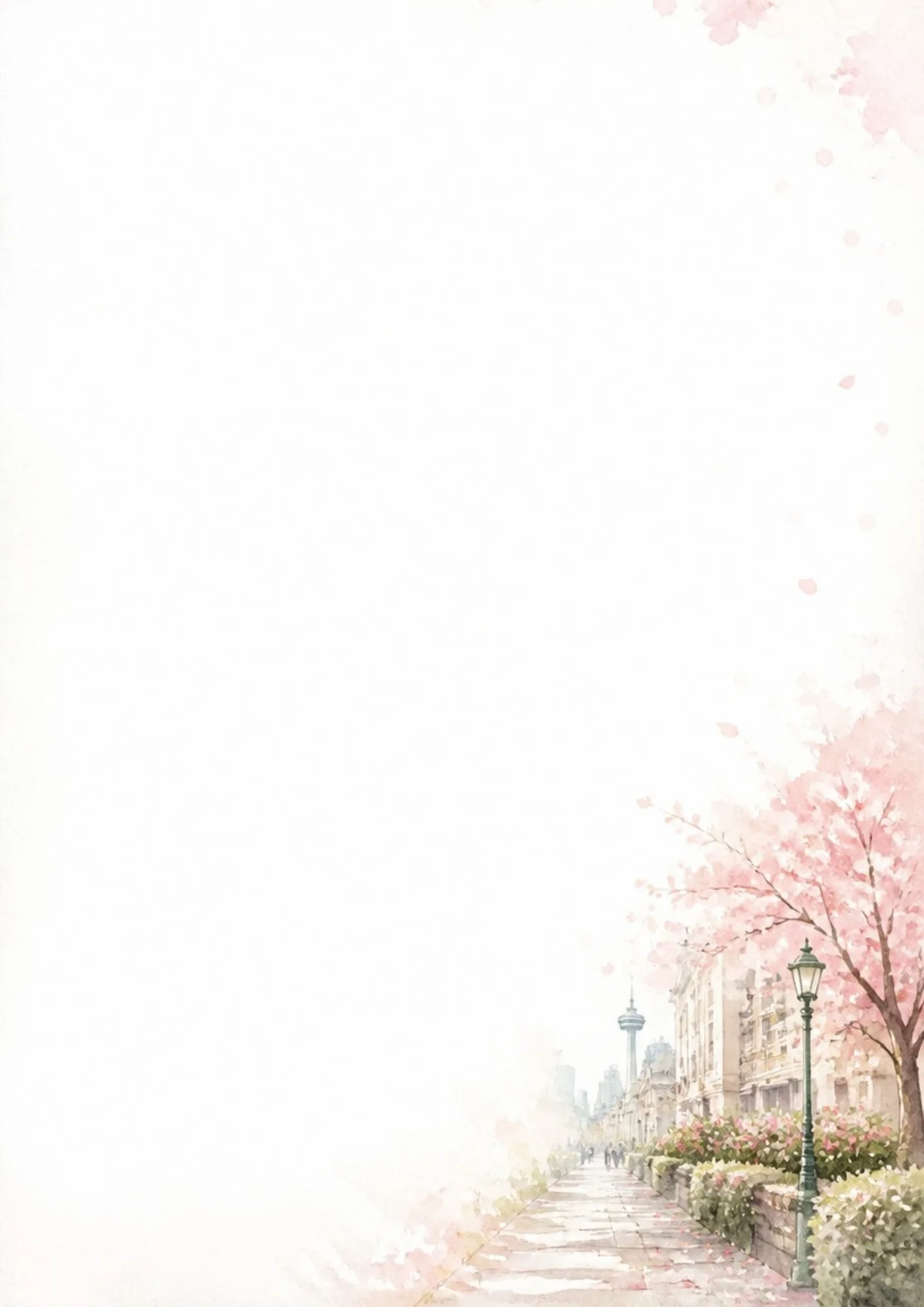 Watercolor digital paper depicting a historic street lined with stone buildings and a classic green gas lamp post, next to a large blooming pink cherry blossom tree casting petals over a paved walkway, with the Vancouver Lookout tower in the misty background.