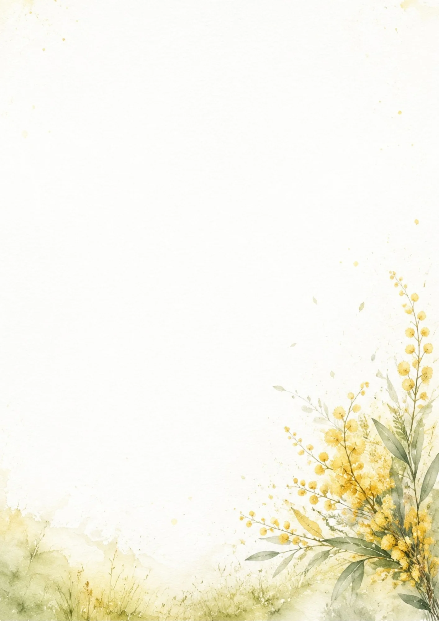 A bouquet of golden wattle branches with fluffy yellow flowers and green leaves in a soft watercolor style.
