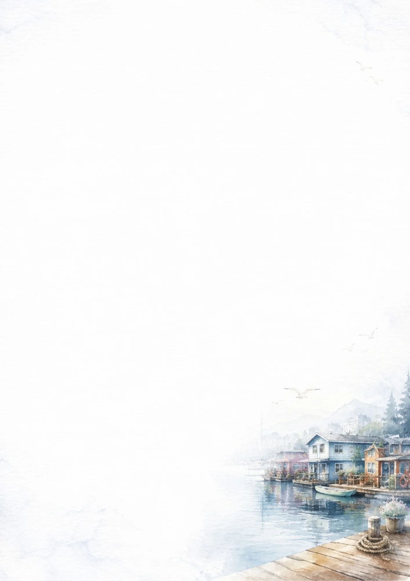 Watercolor digital paper depicting colorful floating houseboats docked along a wooden boardwalk at Granville Island, with a rowboat in the water and a dock with flowers in the foreground.