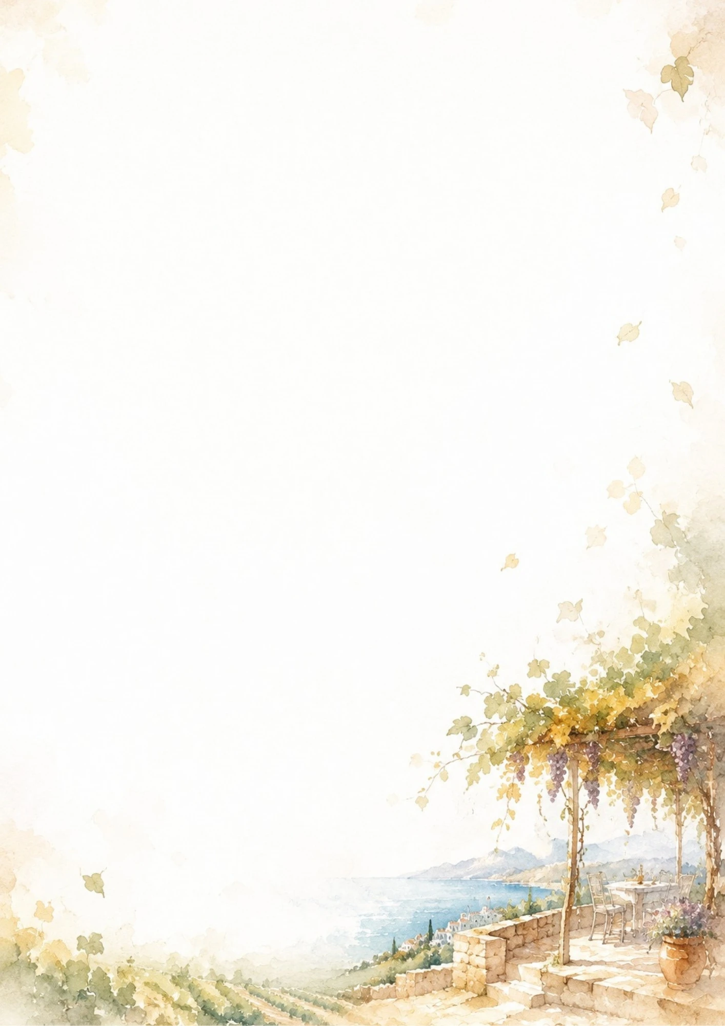 A watercolor painting of a stone terrace with a wooden pergola covered in grapevines and purple grapes, overlooking the sea.