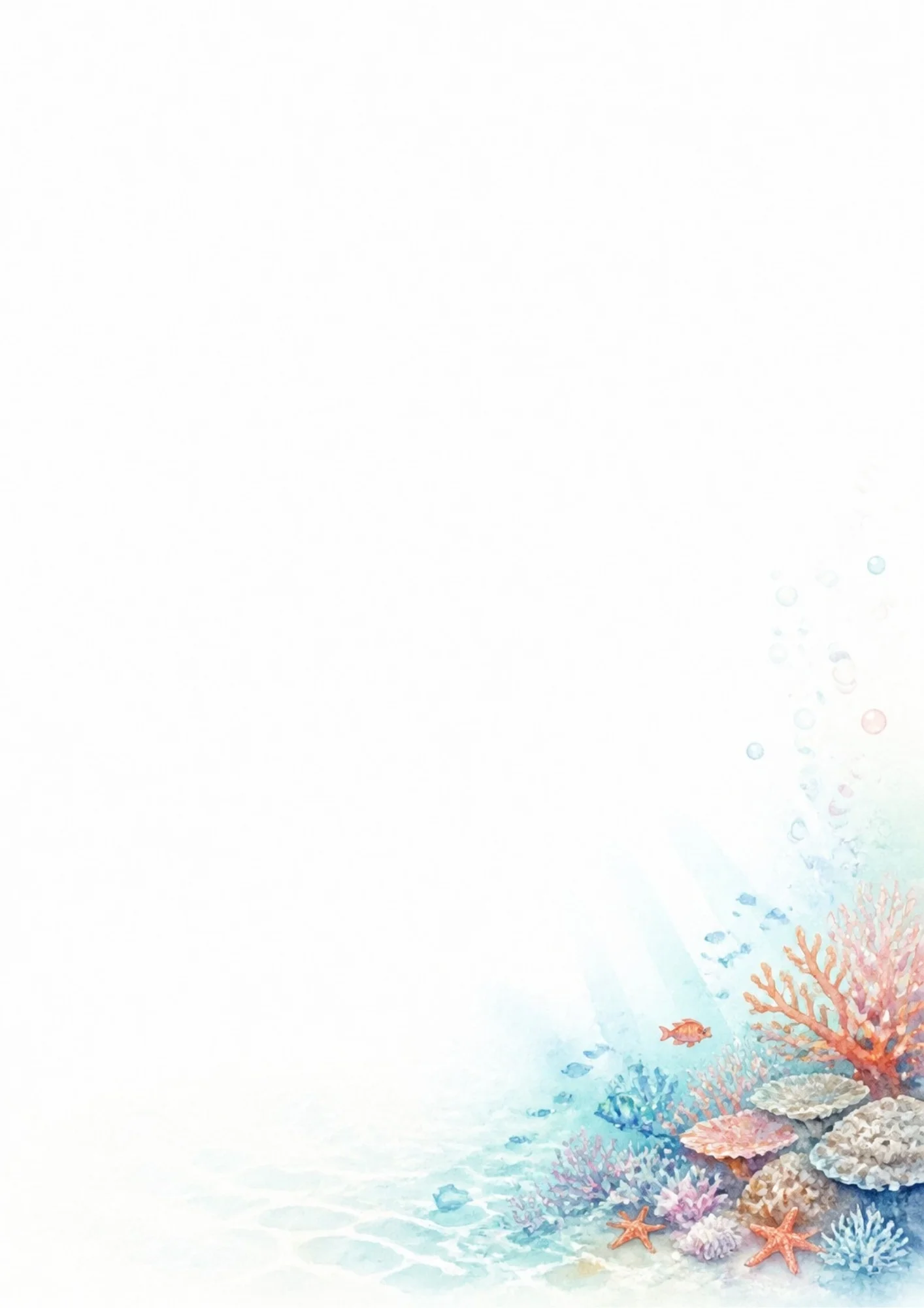 A watercolor illustration of a Great Barrier Reef scene at the bottom corner with soft pink coral, orange starfish, blue water ripples, and tiny fish.