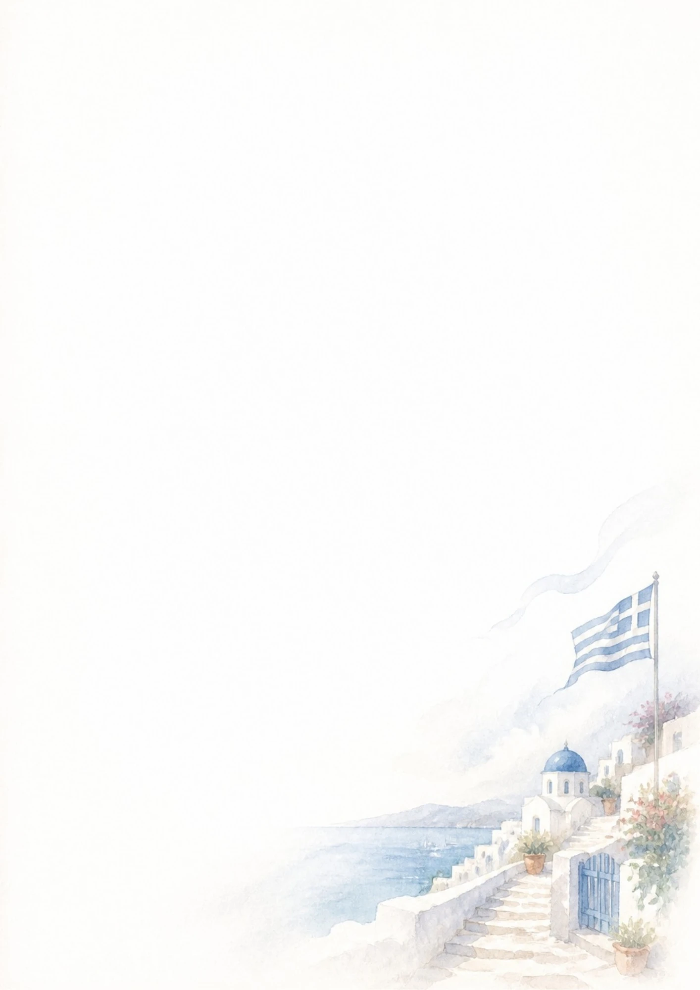 A watercolor painting of the blue and white Greek flag waving next to stone stairs and blue gate by the sea.
