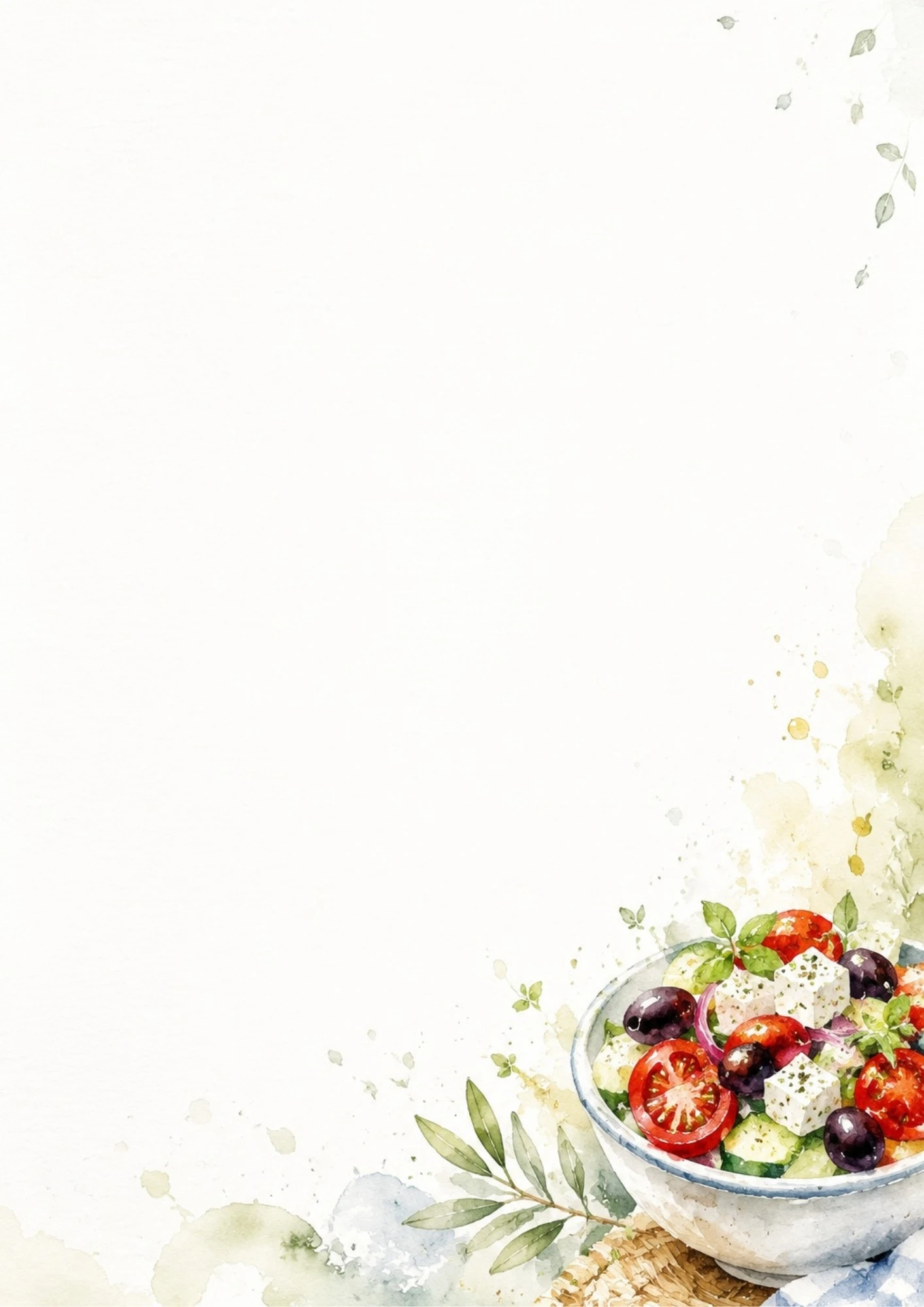 A watercolor illustration of a fresh Greek salad in a bowl with tomatoes, cucumbers, feta cheese, and olives.