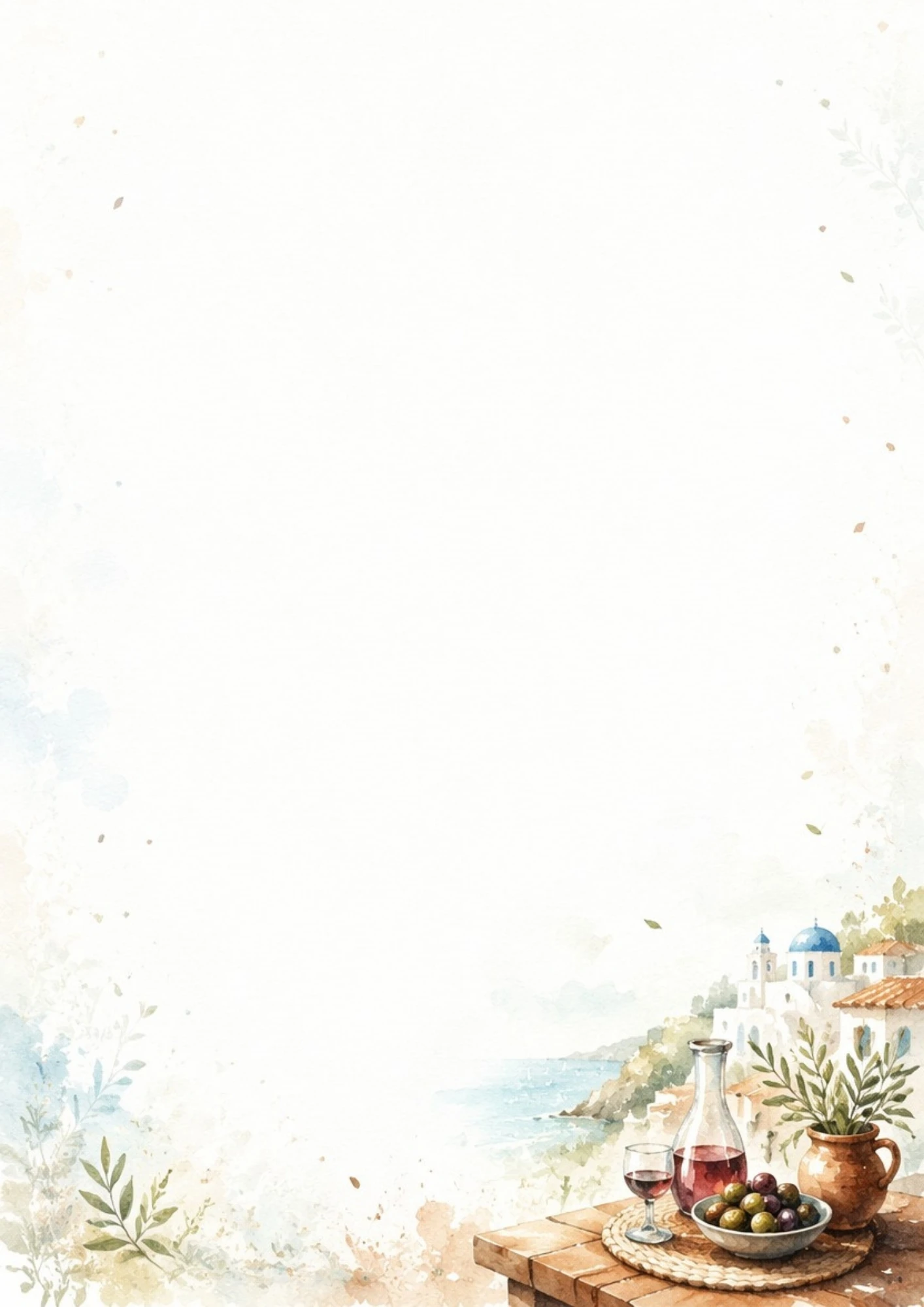 A watercolor drawing of a red wine bottle, a glass, olives in a bowl, and olive branches on a table, with white Greek buildings in the background.
