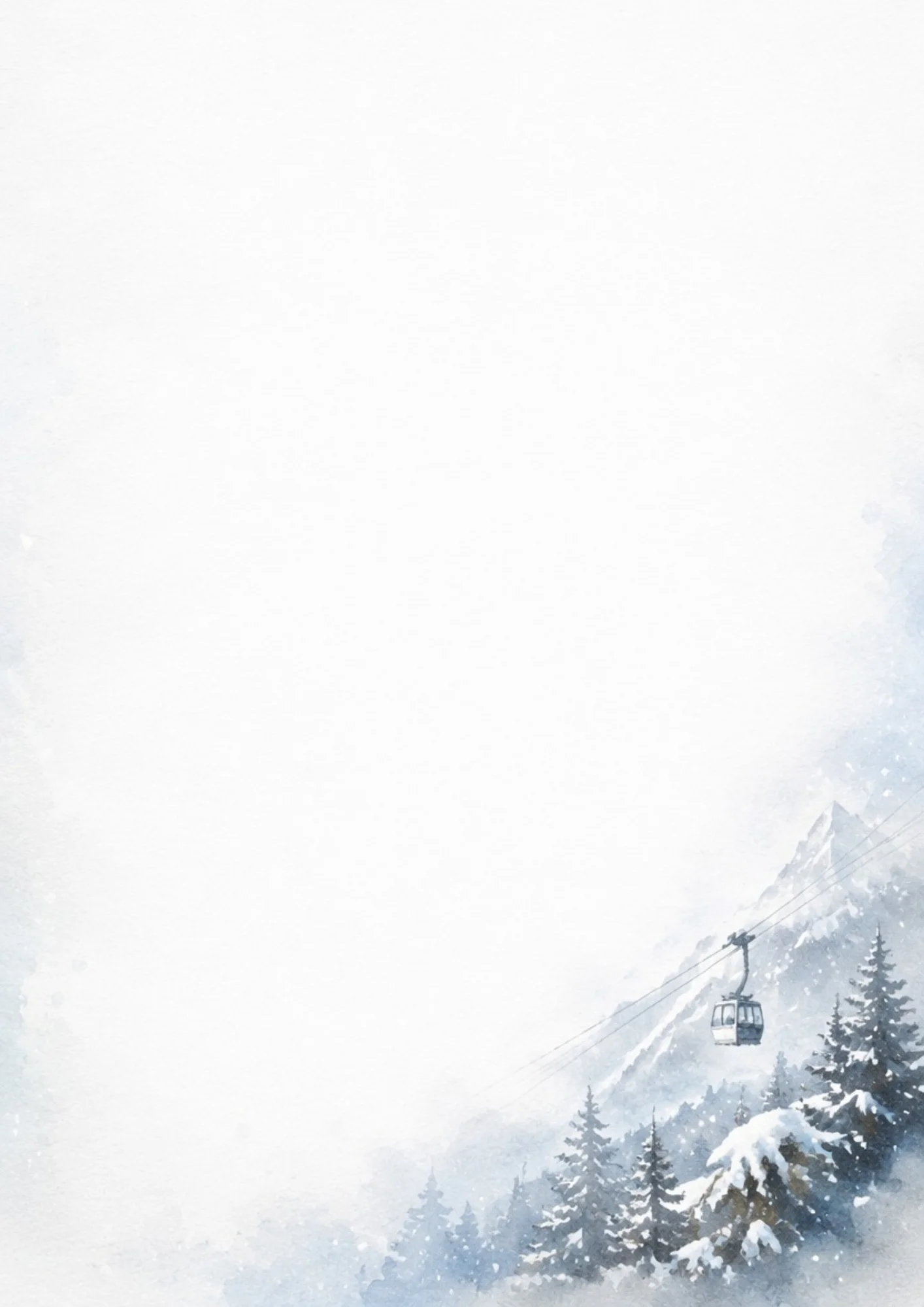 Watercolor digital paper showing the Grouse Mountain skyride gondola hanging on cables over snow-covered evergreen trees and white mountain peaks under a soft blue and grey snowy sky.
