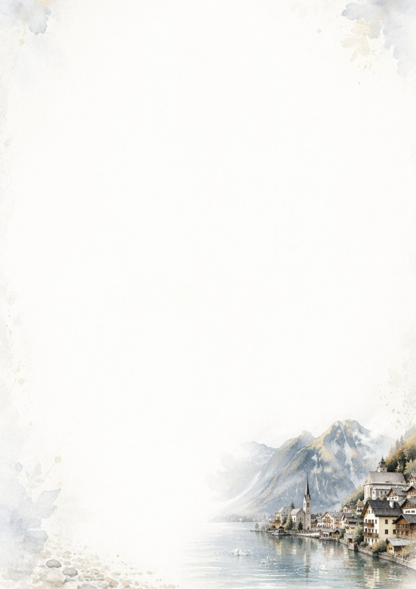 A watercolor view of the picturesque lakeside village of Hallstatt, Austria, with alpine houses and mountains reflecting in the water.