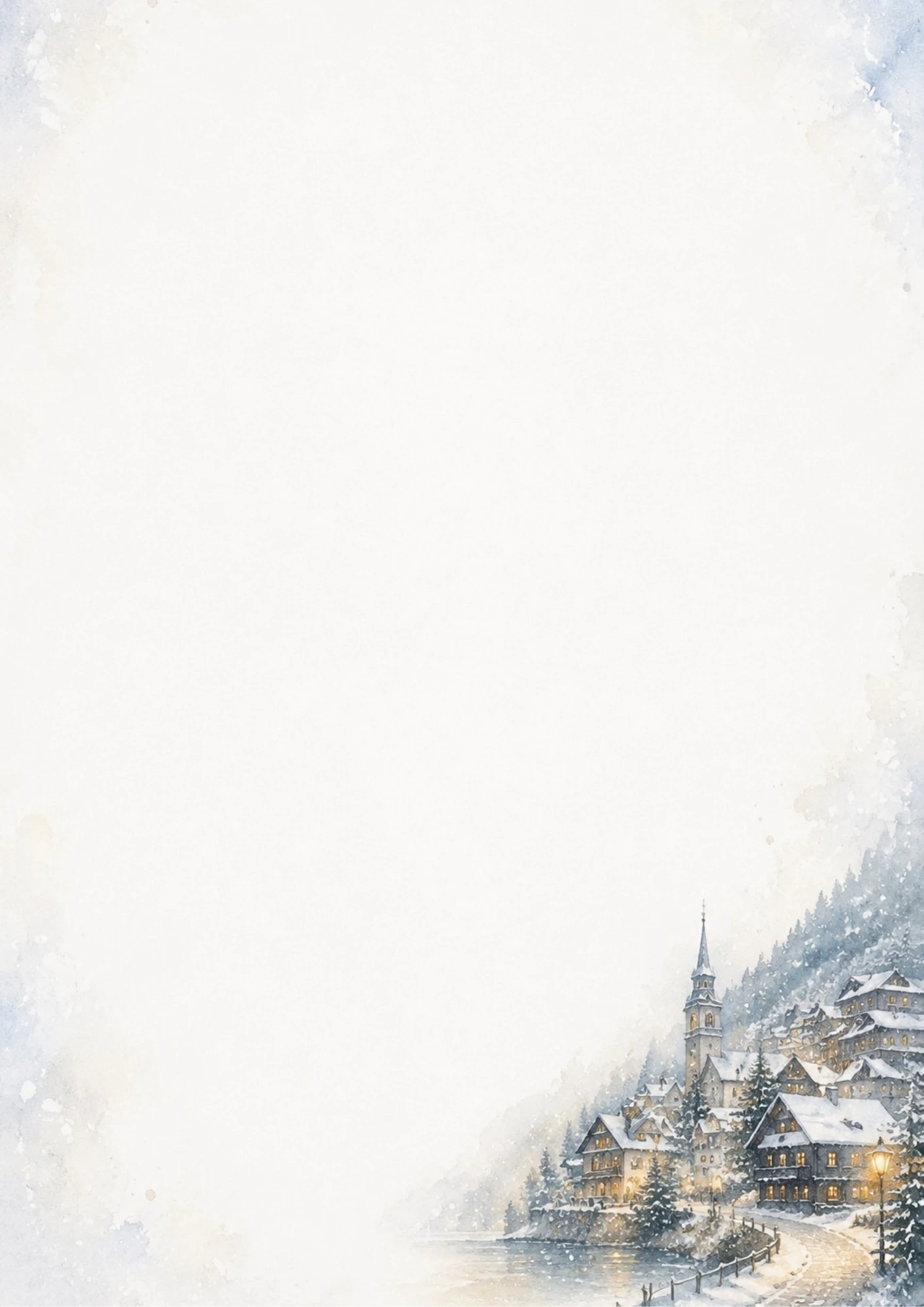 A watercolor painting of Hallstatt, Austria in winter at dusk, with snow on the roofs of houses and warm lights shining.