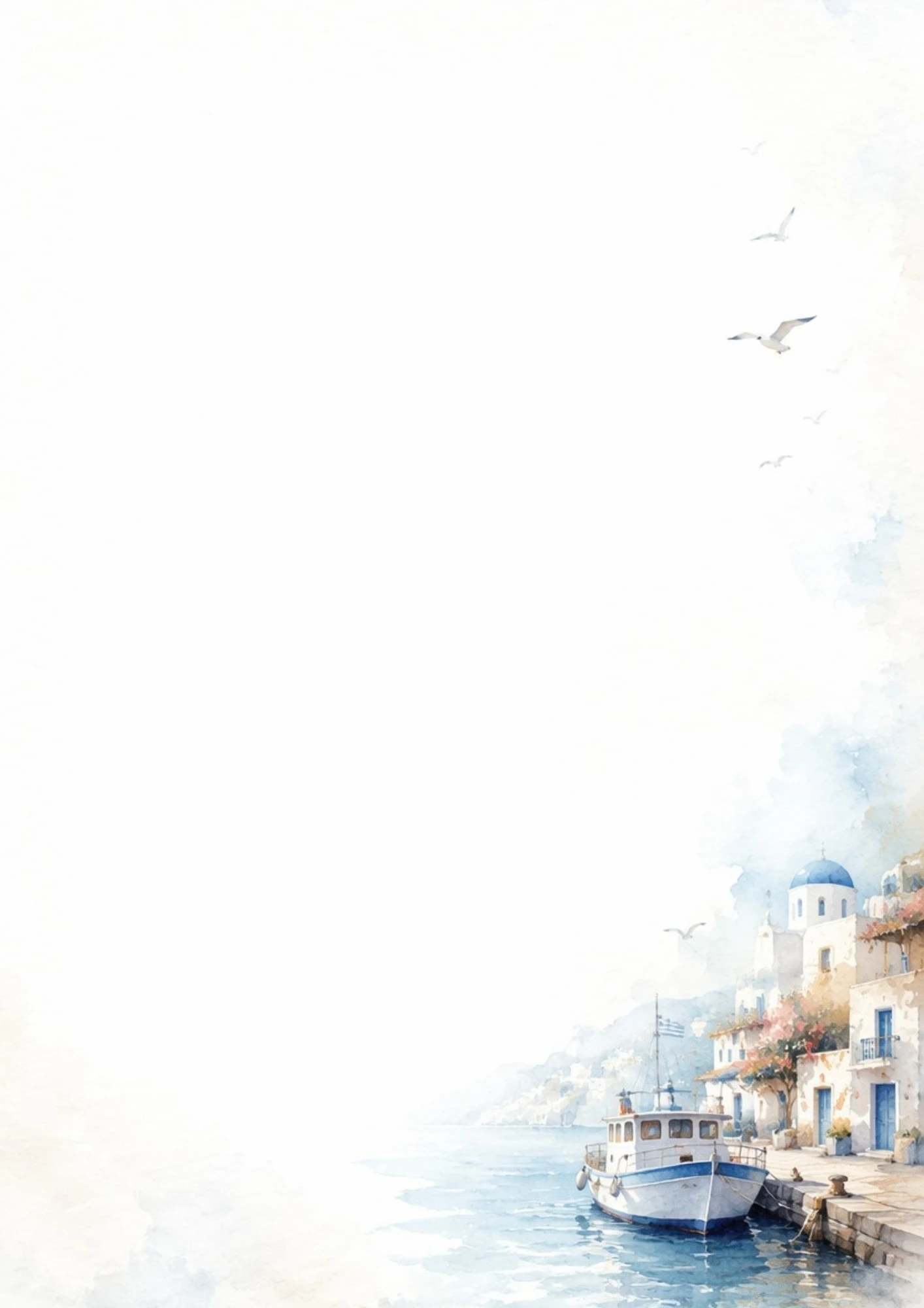 A watercolor drawing of a white boat docked at a pier near Santorini houses with a blue dome.