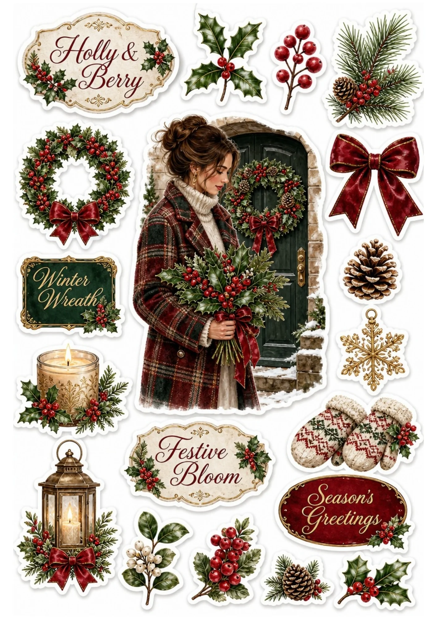 Festive winter sticker sheet showing a girl in a red plaid coat with a holly bouquet, holiday wreaths, a lantern, and patterned mittens