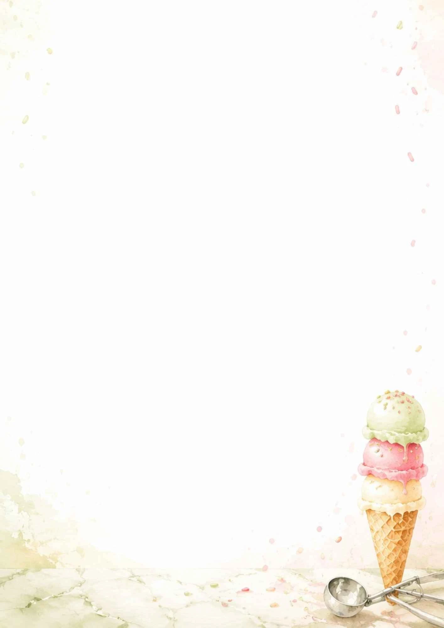 A watercolor painting of a three-scoop gelato cone with a metal scoop on a marble surface.