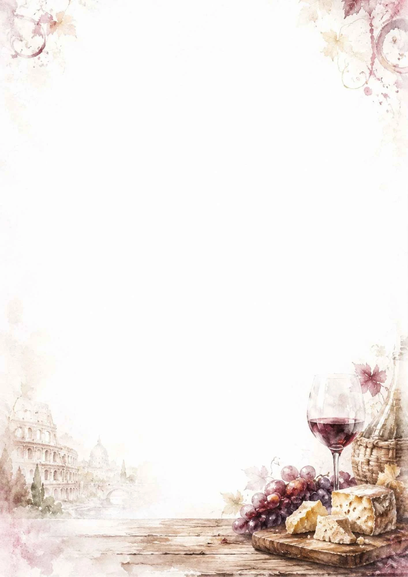 A watercolor painting of a red wine glass, cheese on a wooden board, grapes, and a wicker bottle.