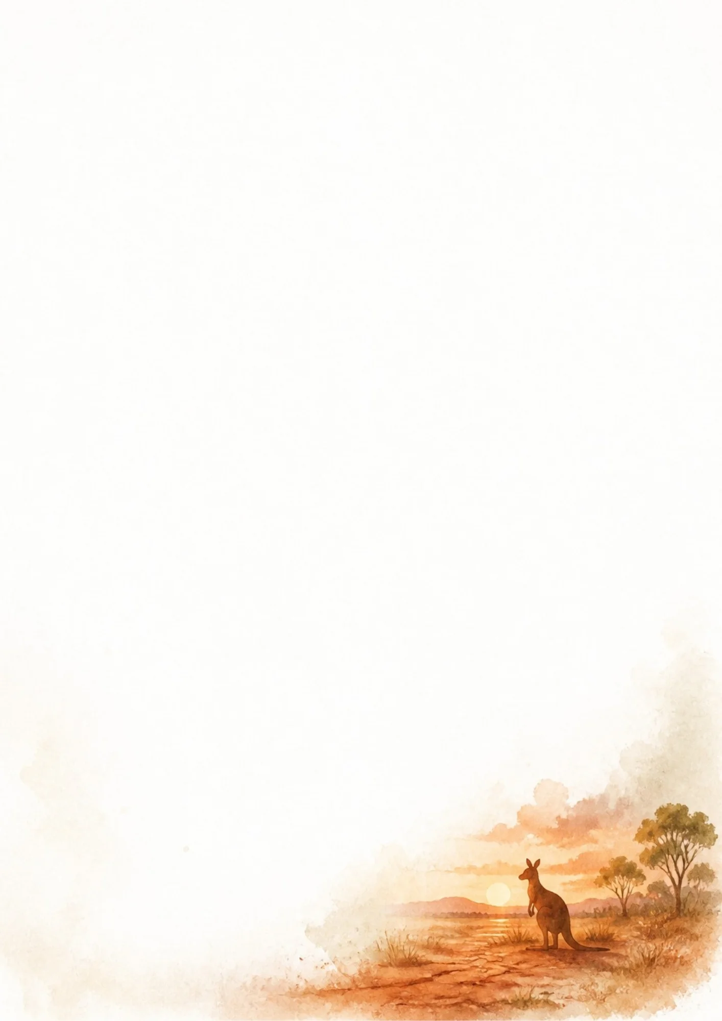 A silhouette of a kangaroo standing on dry cracked earth under a warm orange watercolor sunset with silhouette eucalyptus trees in the background.
