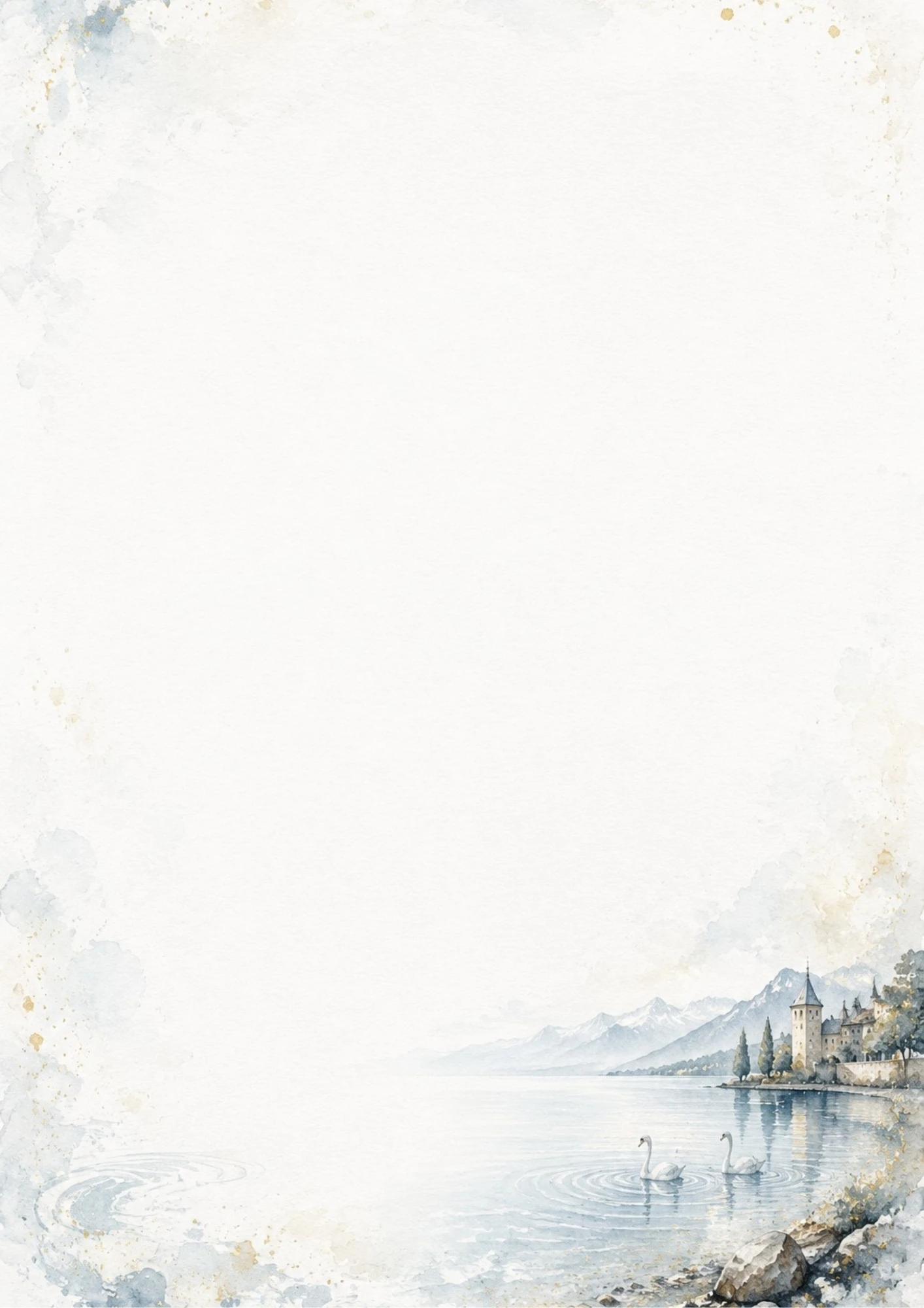 A watercolor scene of Chillon Castle on the water with two white swans creating ripples on Lake Geneva.