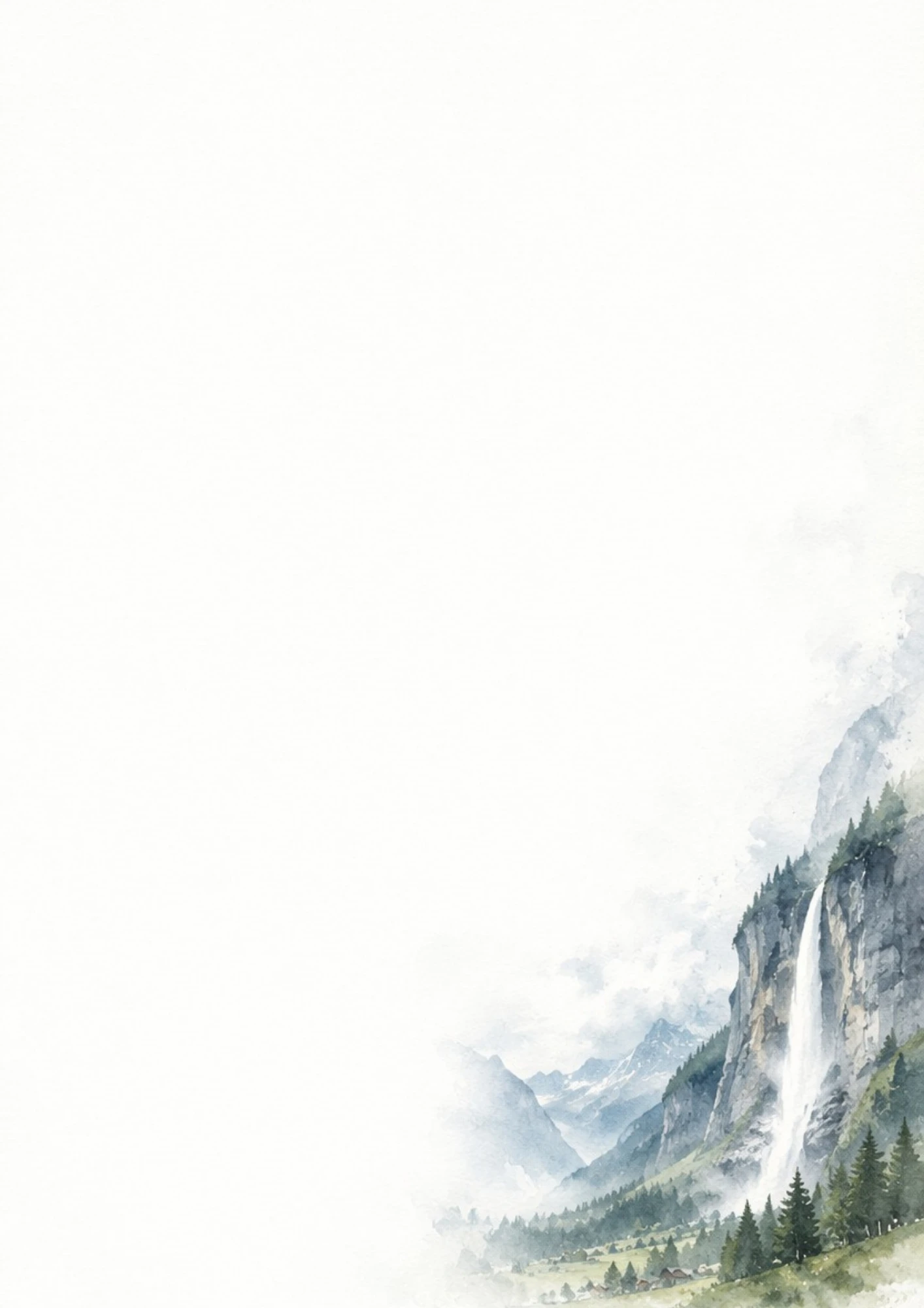 A watercolor painting of a tall waterfall plunging down a high rock cliff into a pine forest valley.