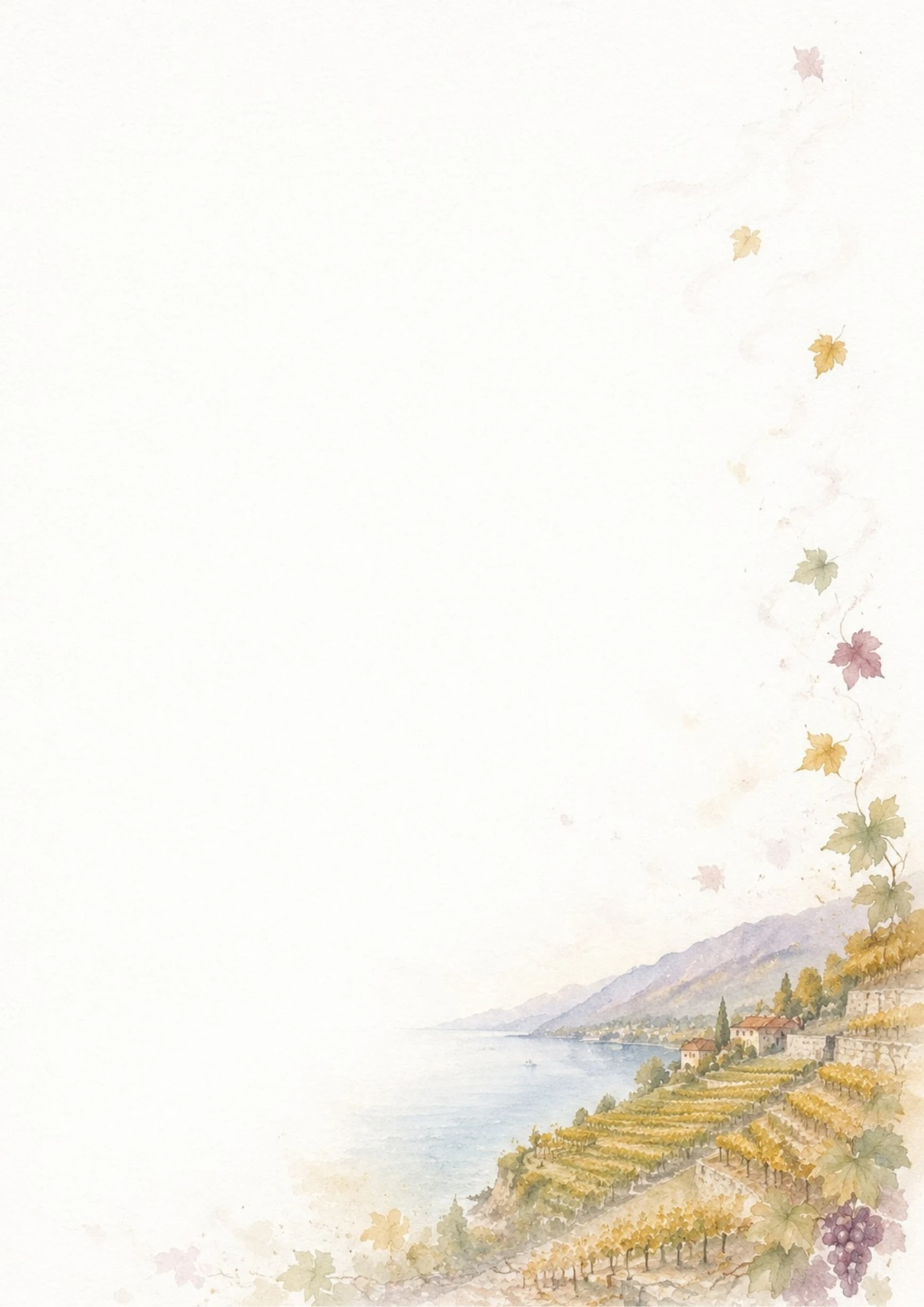 A watercolor illustration of terraced grape vineyards on a hill above a blue lake with purple grapes in the corner.
