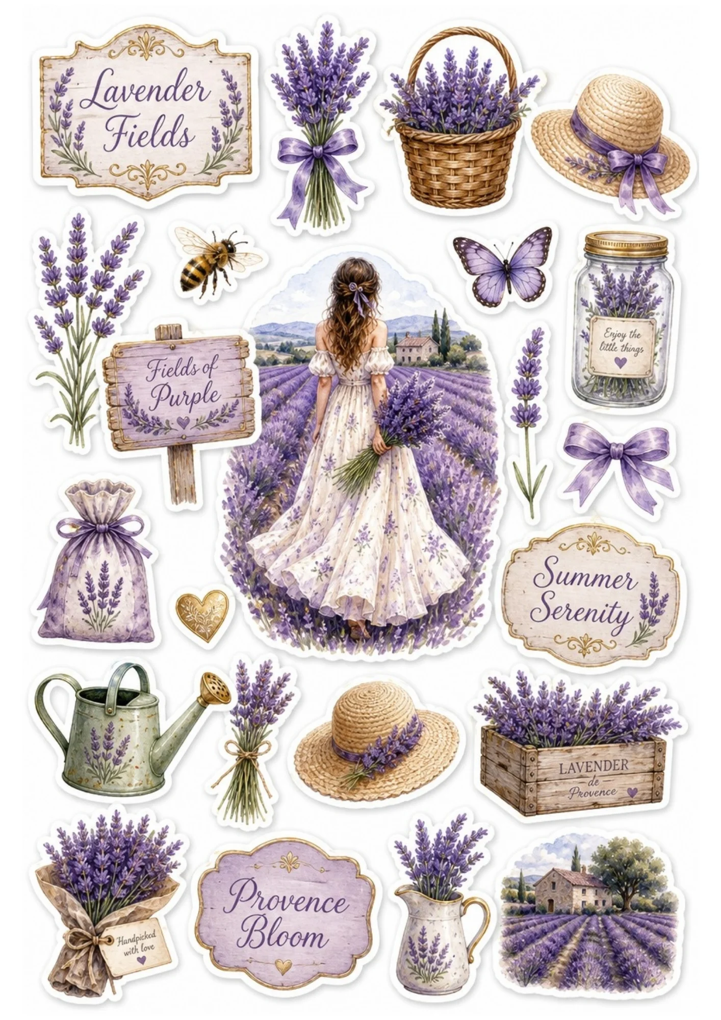 Summer lavender sticker sheet showing a girl in a white dress in a lavender field, purple sachets, and wooden crates of lavender