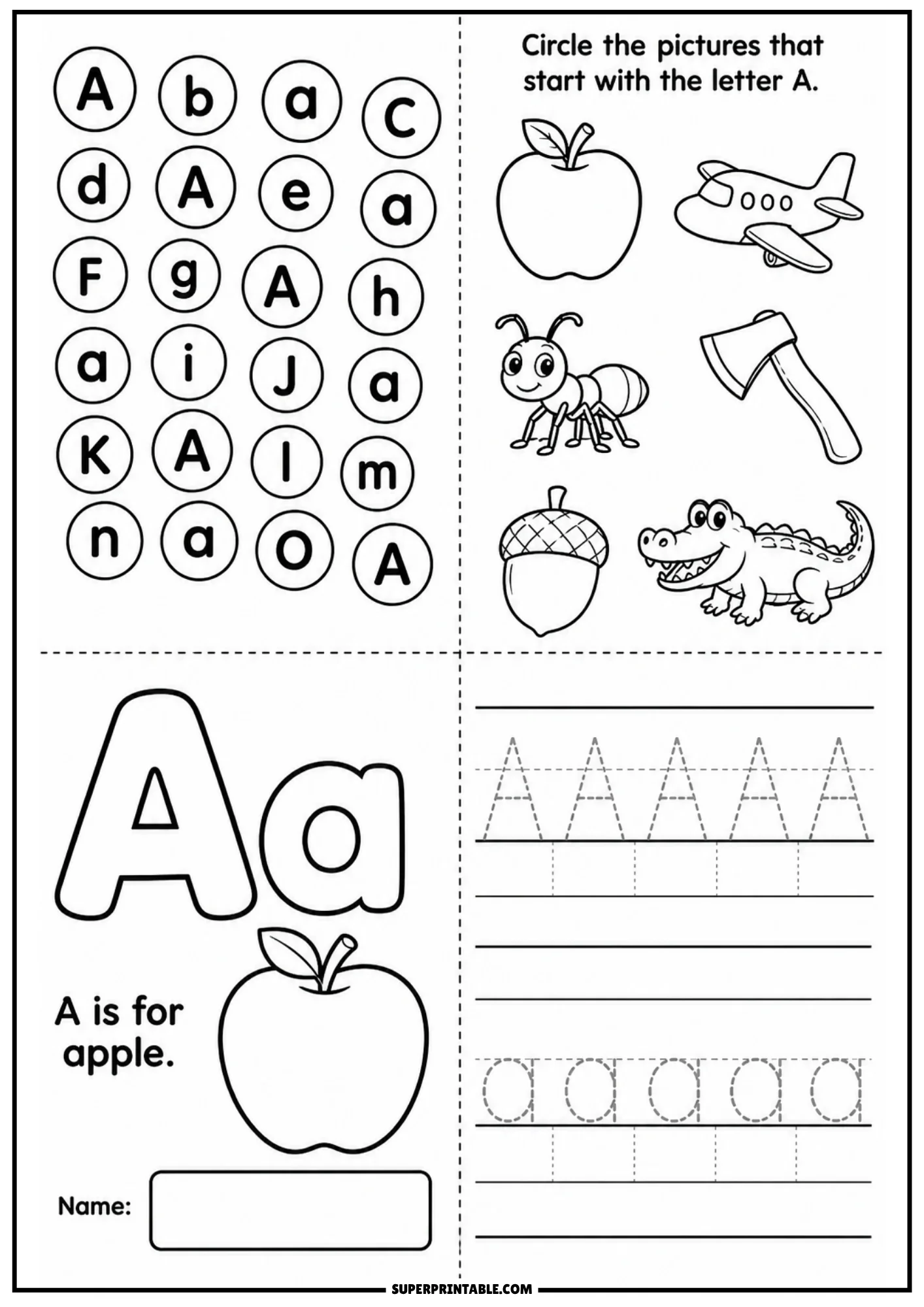 Black and white printable activity sheet for letter A with letter search circle grid, illustrations of apple airplane ant axe acorn alligator, large outline letters Aa, and letter tracing lines.