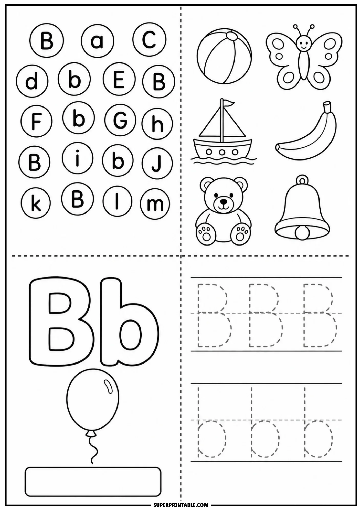 Black line art letter B printable page featuring a letter recognition grid, drawings of beach ball butterfly sailboat banana teddy bear bell, outline Bb with balloon, and dotted tracing lines.