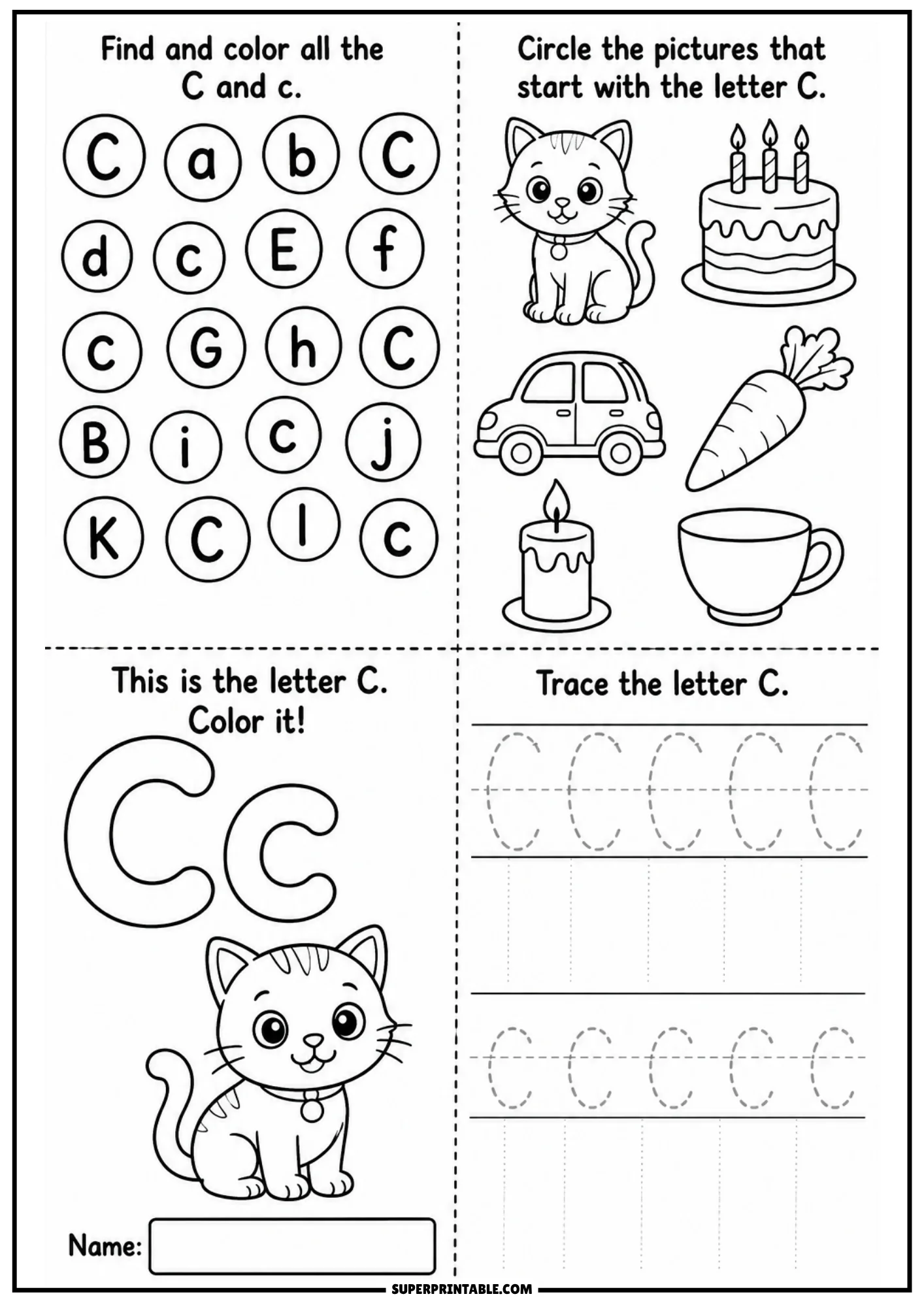 Printable letter C activity sheet containing letter search circle grid, line art drawings of cat cake car carrot candle cup, outline Cc with cat illustration, and letter tracing practice lines.