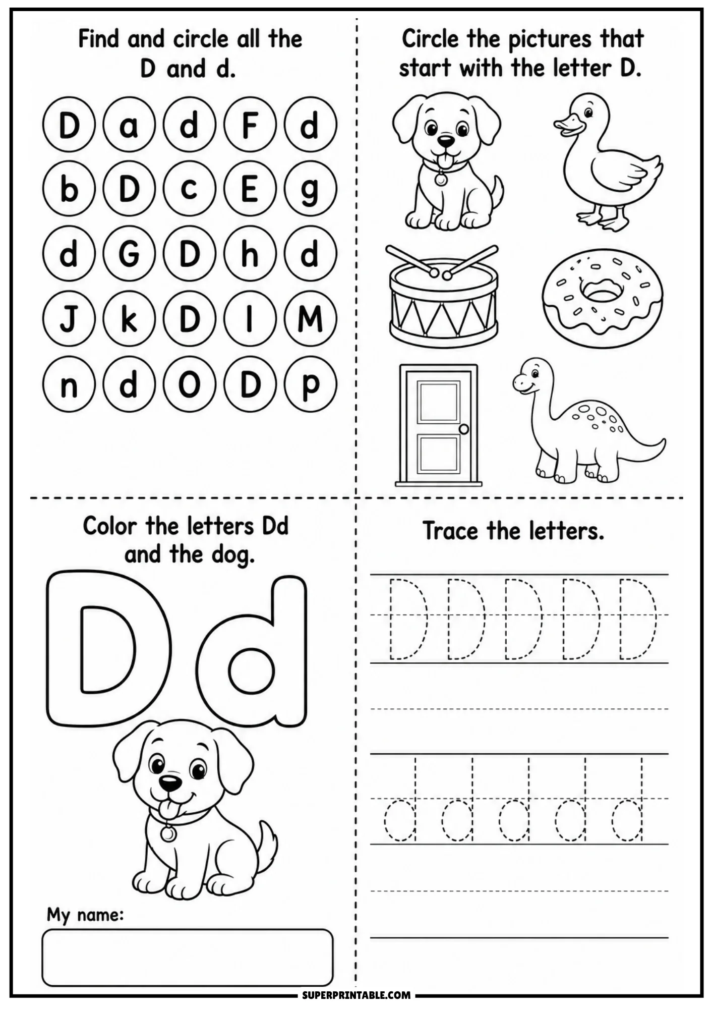 Black and white letter D worksheet featuring letter identification grid, line art drawings of dog duck drum donut door dinosaur, large outline Dd with dog, and uppercase lowercase tracing lines.